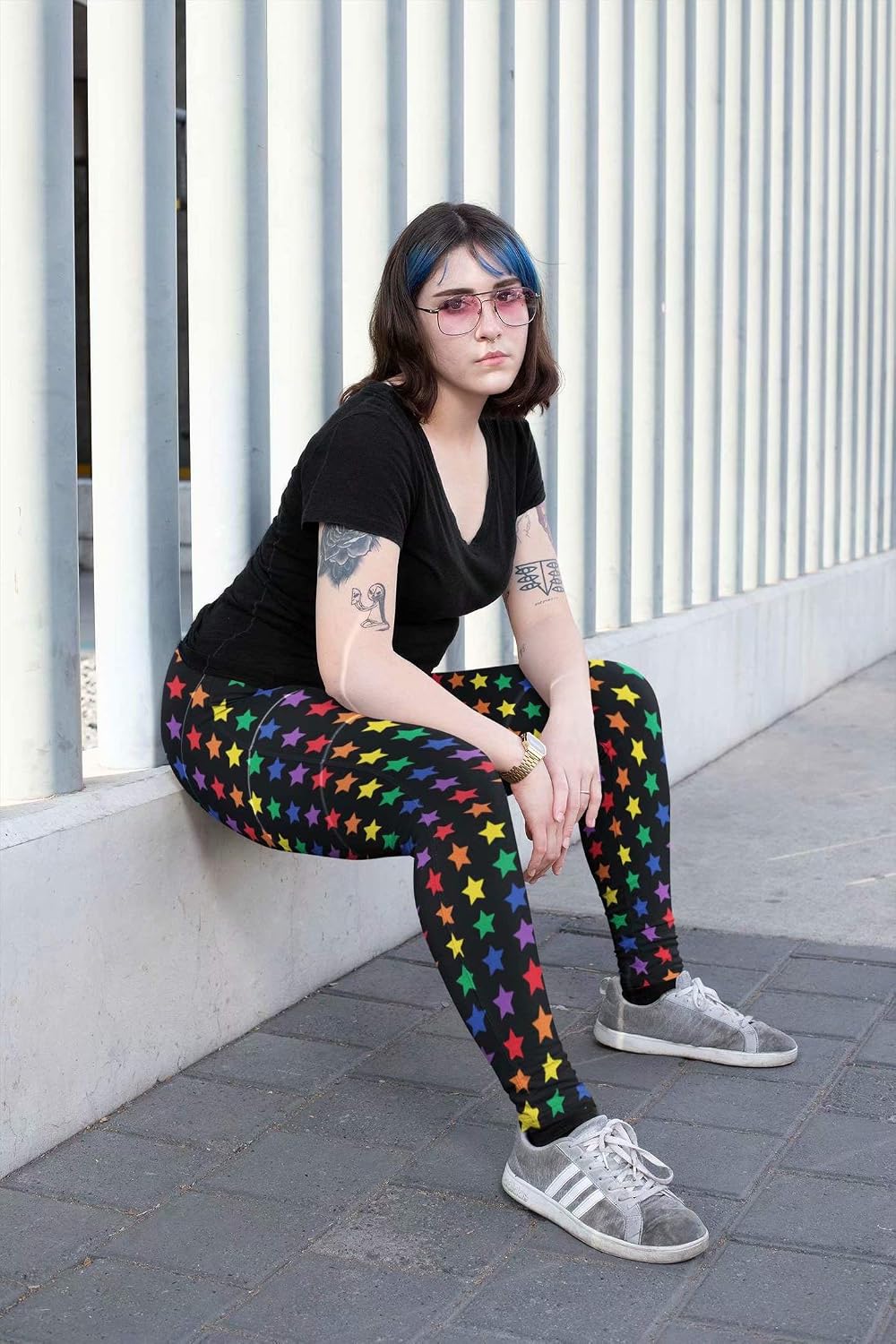 sissycos Women's 80s Leggings Buttery Rainbow Stripes Printed Pants image 3