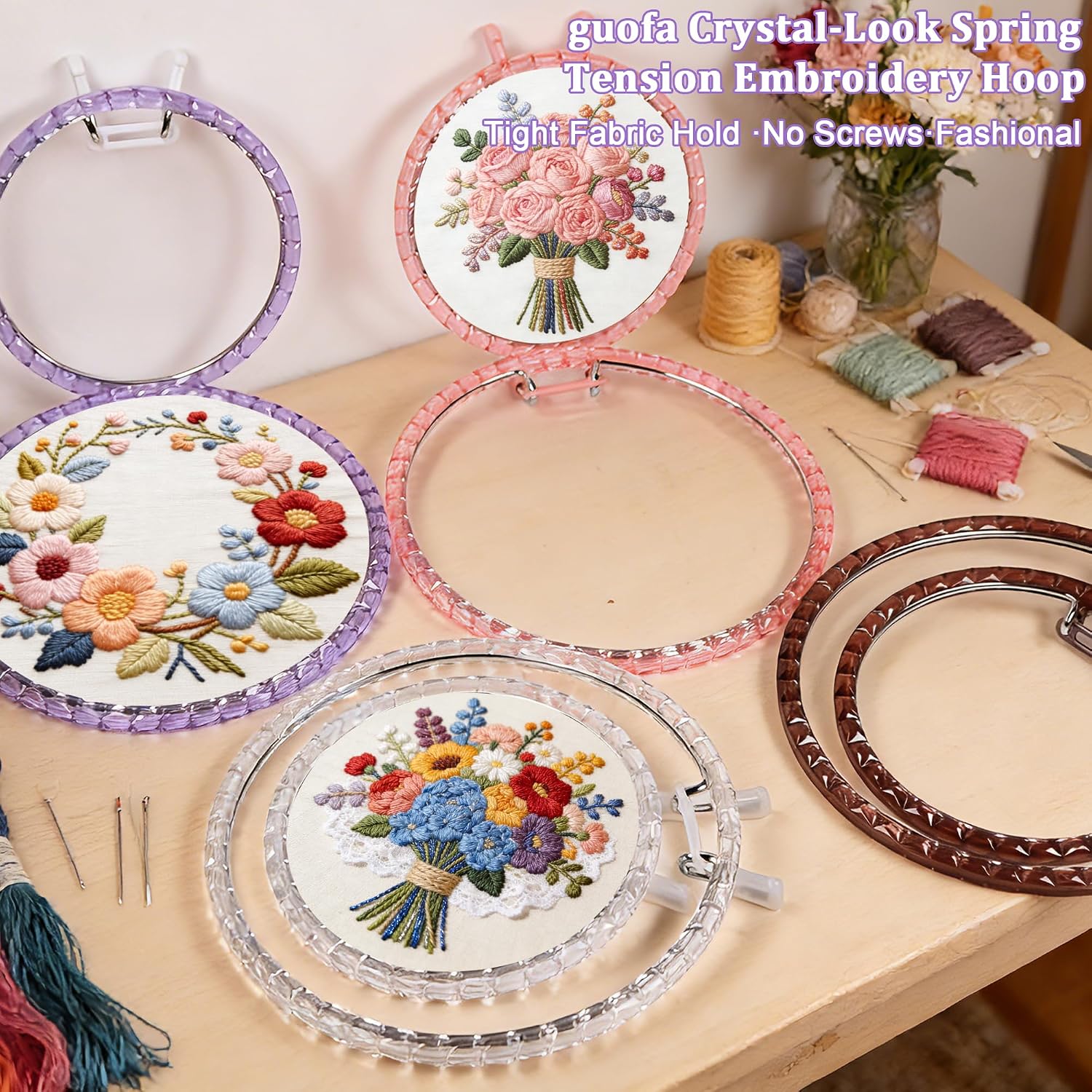 6.5Inch Tension Embroidery Hoop with Metal Ring, 16.5CM Crystal-Look ABS Frame, Embroidery Hoop for Cross Stitch, Needlework and DIY Sewing Crafts (Pink)