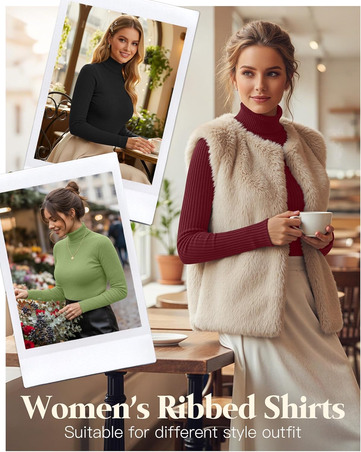 3 Pack Women’s Ribbed Turtleneck Tops Long Sleeve Cotton Stretch Shirts Slim Fit Base Layer Undershirt Tees - Image 3