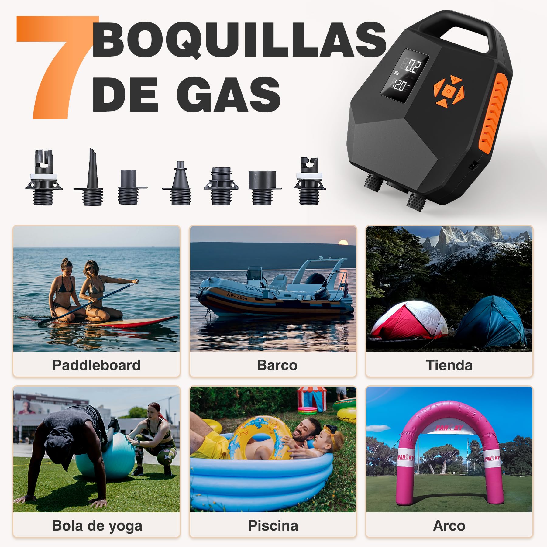 Bomba eléctrica SUP 20 PSI – Bomba de aire de doble motor con parada automática, adaptador de coche 12 V para tablas hinchables, kayaks, barcos – Inflado silencioso y rápido
