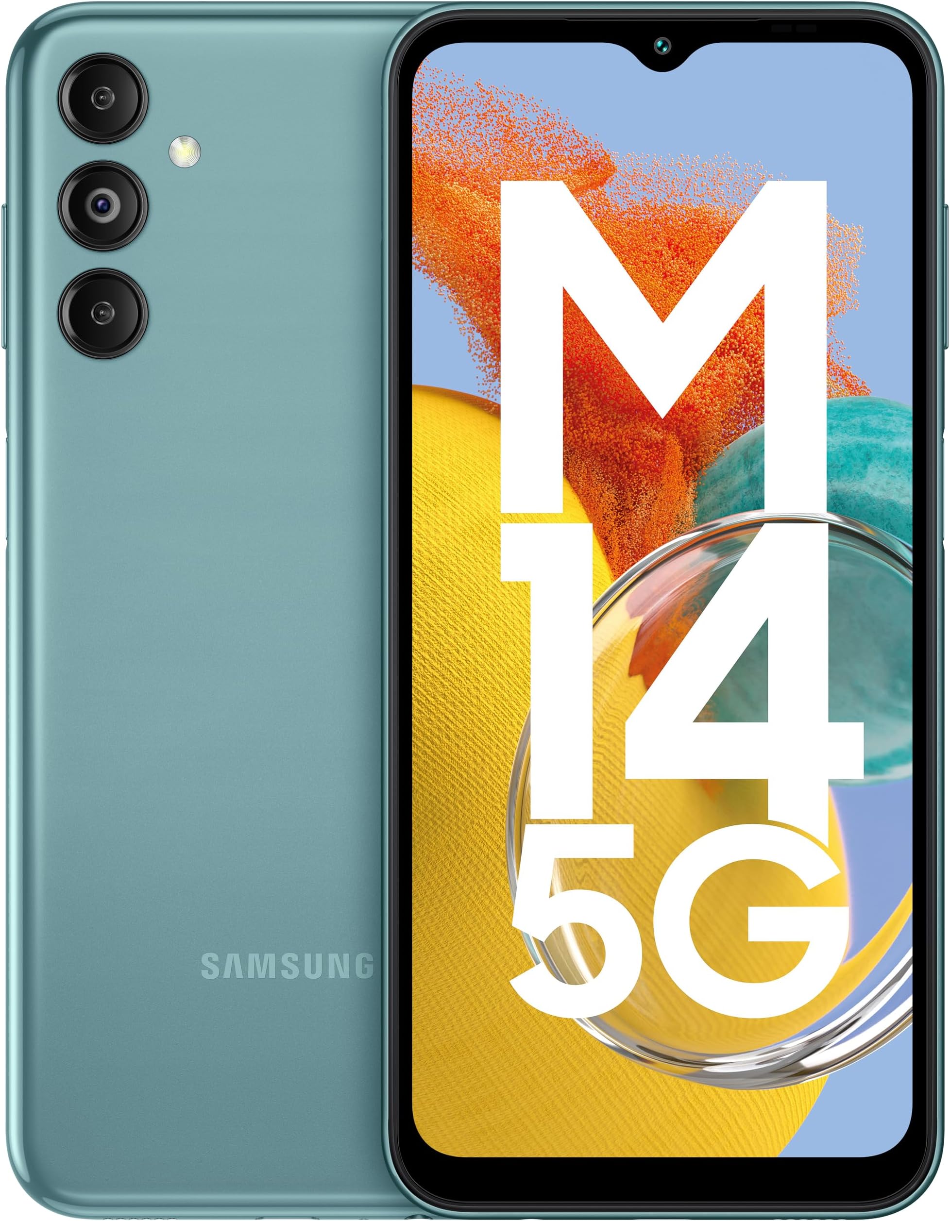 Galaxy M14 5G (Smoky Teal,4GB,128GB)|50MP Triple Cam|Segment's Only 6000 mAh 5G SP|5nm Processor|2 Gen. OS Upgrade & 4 Year Security Update|8GB RAM with RAM Plus|Android 13|Without Charger