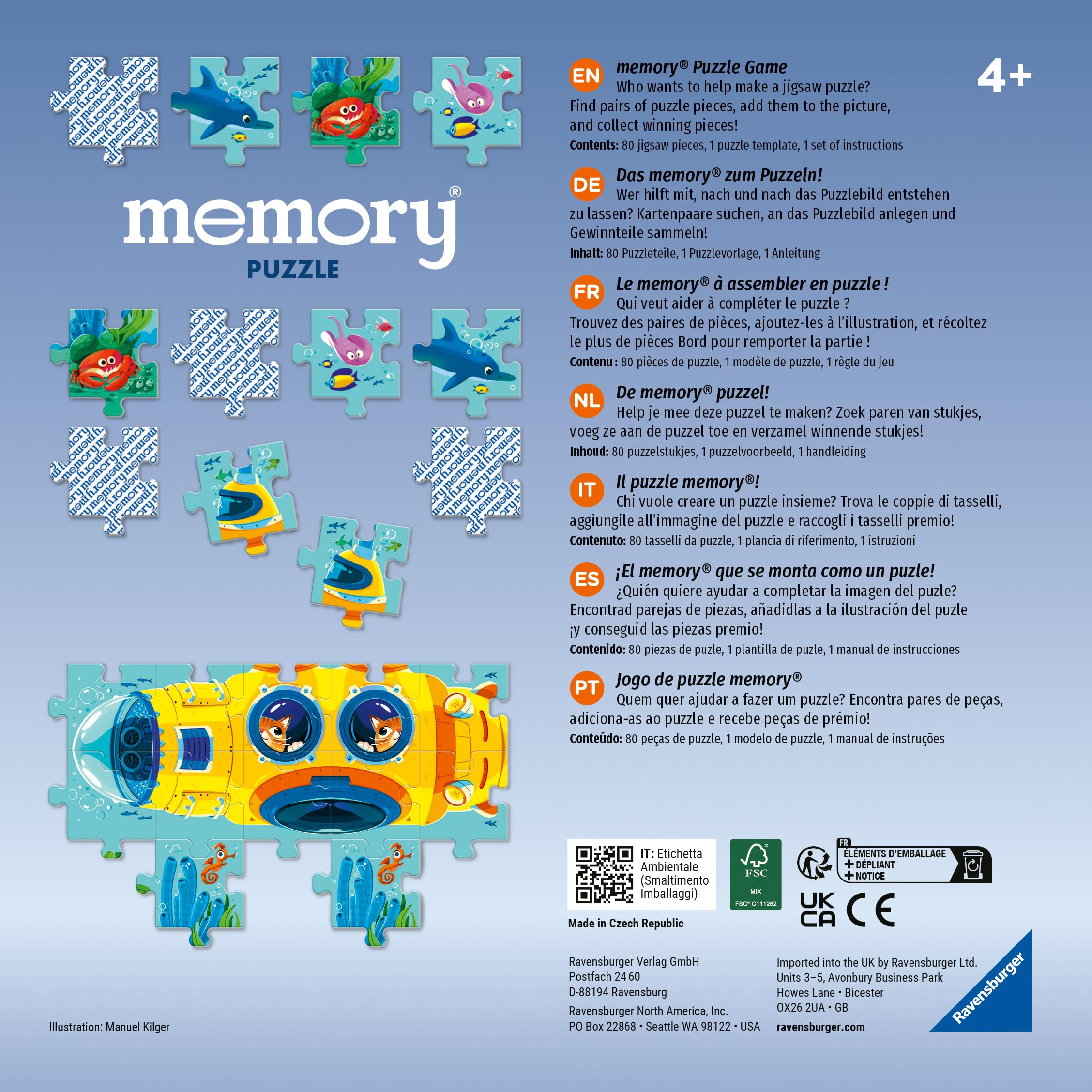 Ravensburger 22461 - Memory® Puzzle Underwater World - pour 2 à 4 Fans de Memory® âgés de 4 Ans et Plus, Le Jeu de mémoire Classique de renommée Mondiale en Tant Que