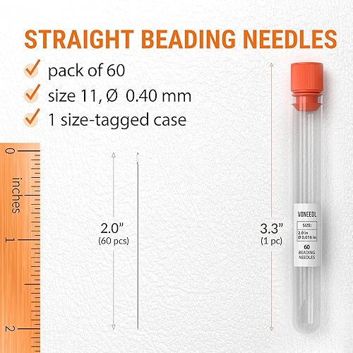 Miniatura 8 de 60 agujas rectas para cuentas con práctico tubo de almacenamiento, tamaño de 0.394-0.018 in (0.017 pulgadas), agujas de cuentas extrafinas  Bordado