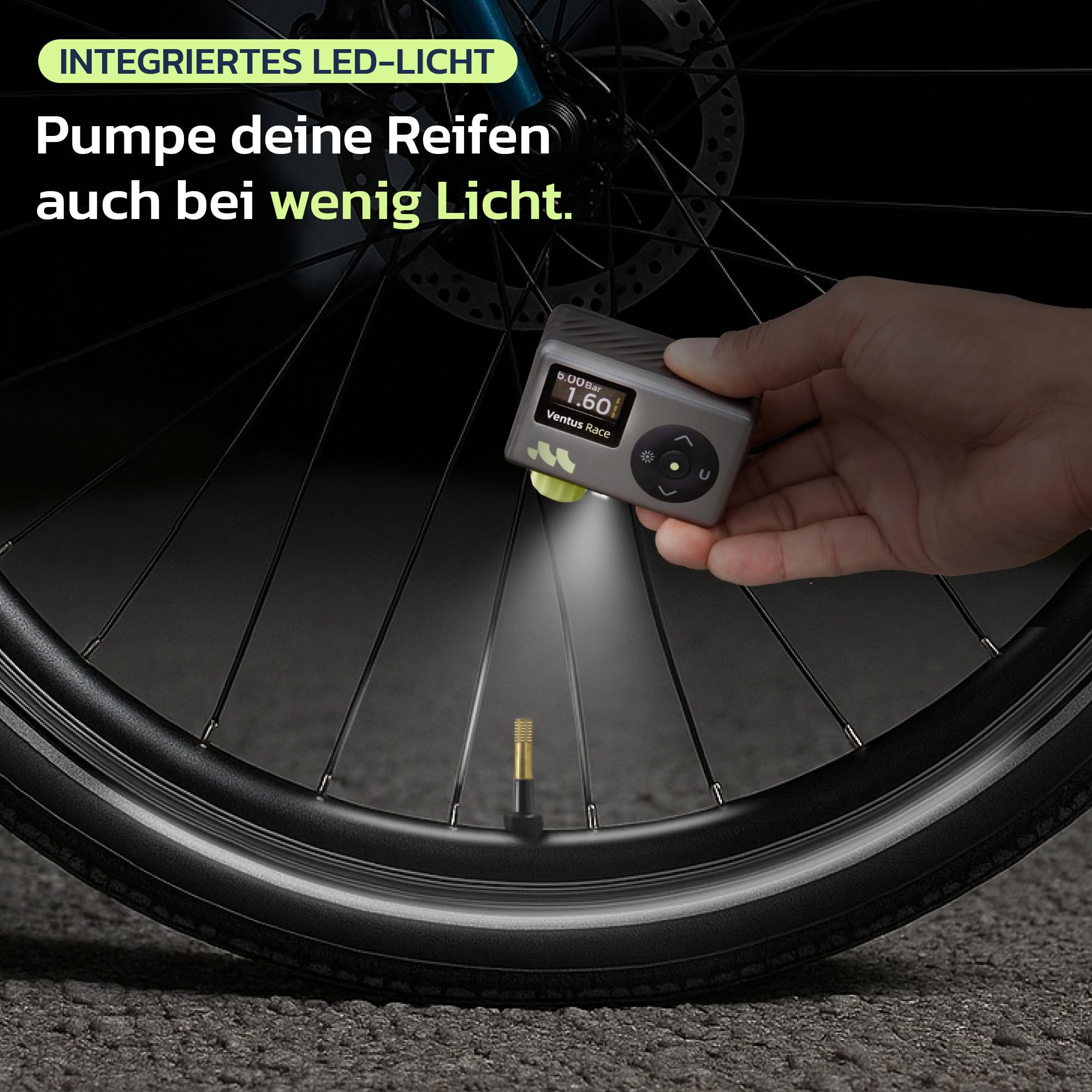 Woowind Fahrradpumpe, Elektrische Fahrradpumpe, Luftpumpe Fahrrad, 50 Sek. schnelles Aufpumpen, 120PSI/8.27Bar, Presta- und Schrader-Ventil für alle Fahrräder, Mini Kompressor Fahrrad mit LED-Licht