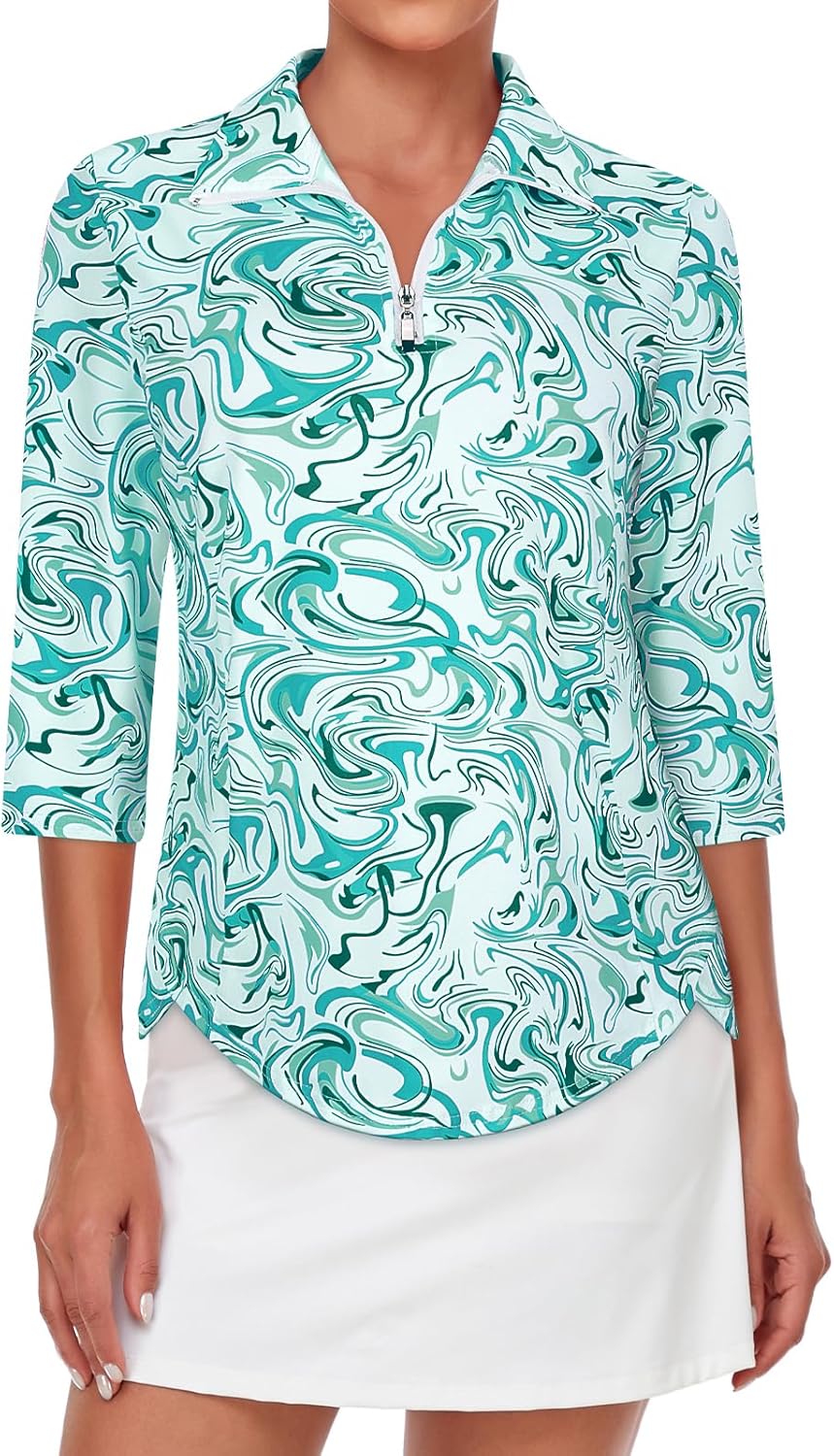 Size L Tanst Sky Womens Golf Polo Shirts Zipper 3/4 Sleeve Moisture Wicking Tops UPF 50  Workout Tennis Apparel