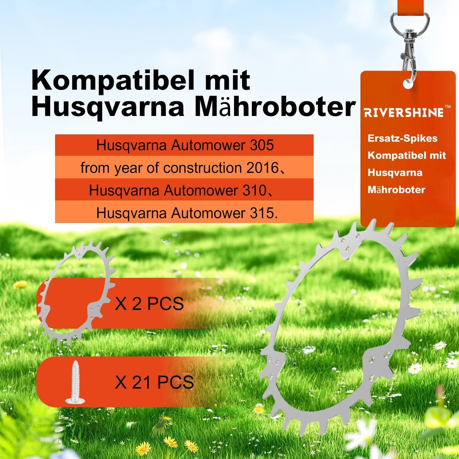 RIVERSHINE Kolce ze stali ocynkowanej, kompatybilne z kosiarkami Husqvarna Automower 305 (od roku produkcji 2016)/310/315, rozmiar koła 215 mm, do poprawy trakcji, z 21 śrubami