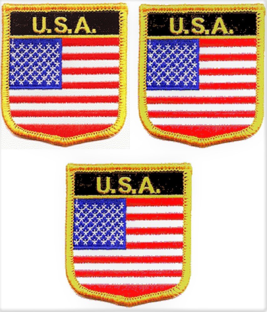 World Flags Direct 3 Pack Set of United States Shield Flag Patches, USA Embroidered Iron On or Sew On Country Flag Patch Emblems