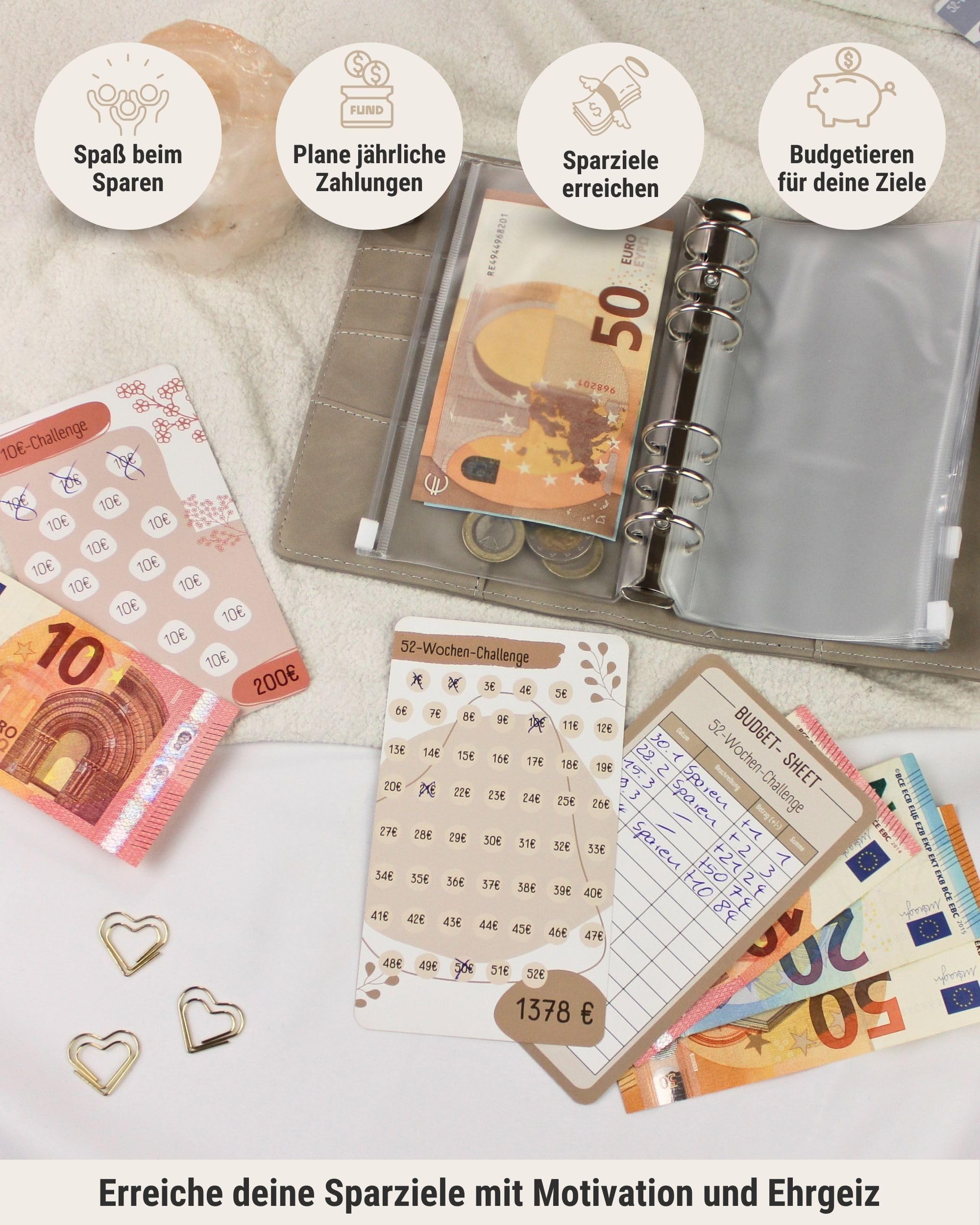 BeginnerBudget® Budget Planner Deutsch - Starterset mit Sparchallenge + Budgetplaner (144 Seiten) - Sparen mit Umschlagmethode + Anleitung Ringbuch, Binder A6 Wildleder, vegan (Braun)