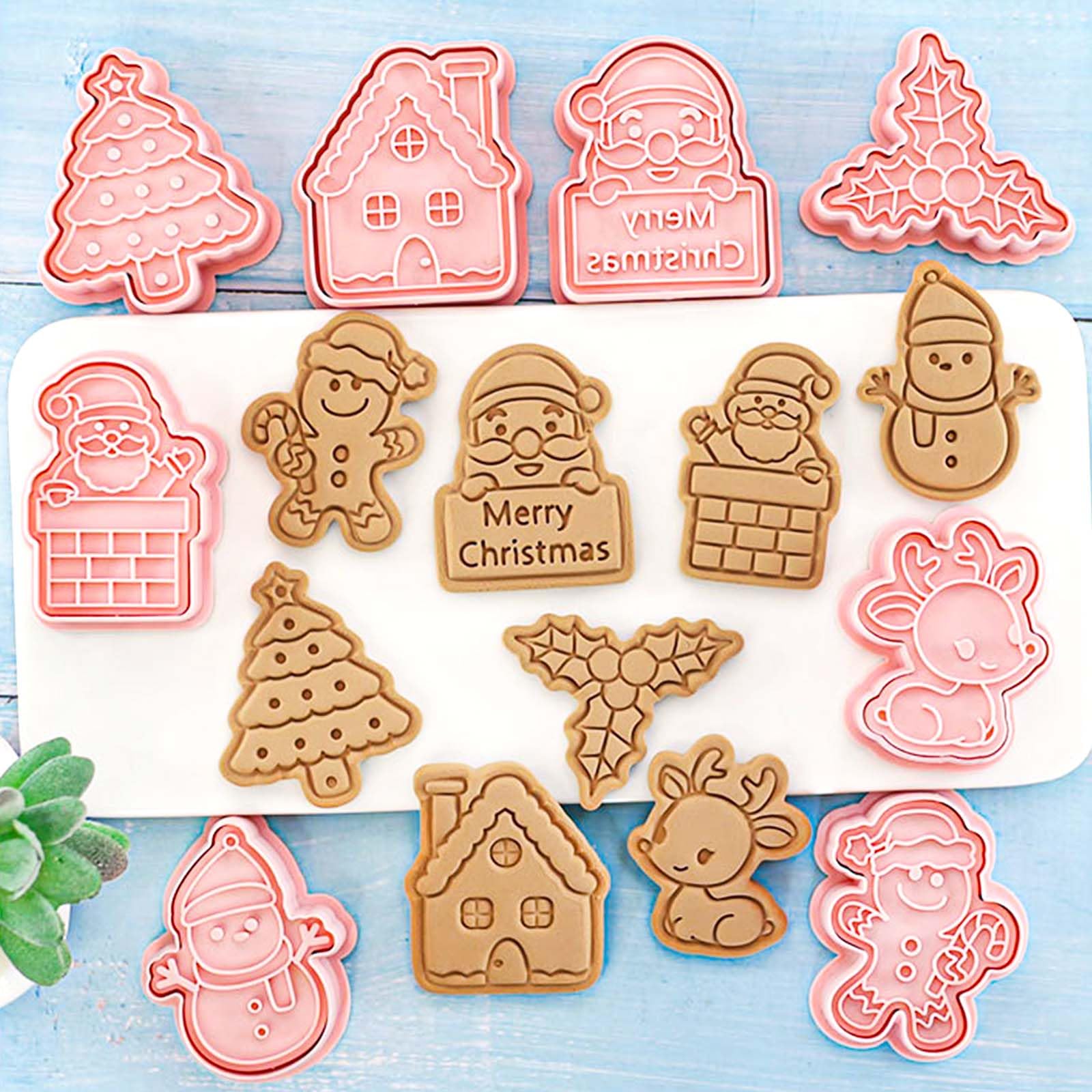 8 Piece Mini Christmas Cookie Cutters, 3d Raised Design Cookie Stamps, Mini Gingerbread, Snowman, Elk, Santa Baking Molds, Christmas Ornament Cookie Cutter Set (Christmas-3)
