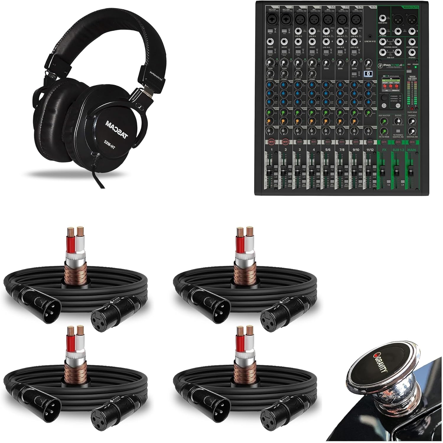 Mackie ProFX12v3+ 12-Channel Mixer with Effects and Bluetooth Bundle with 4 XLR Cables and Closed-Back Studio Mixing Headphones