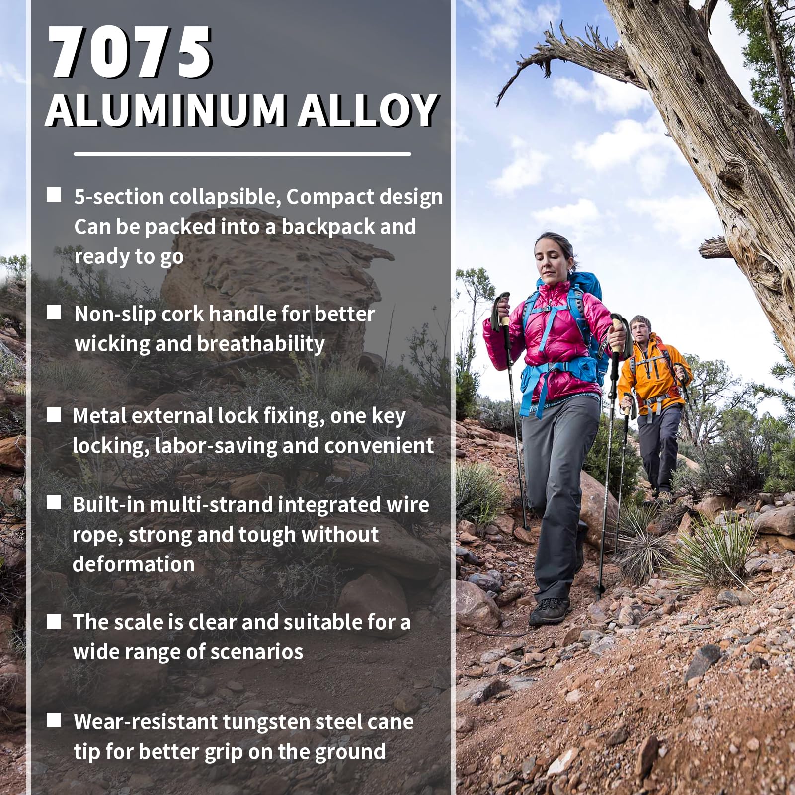 Składane kijki trekkingowe do wędrówek i biwakowania, kijki turystyczne ze stopu aluminium 7075, lekkie kijki trekkingowe dla seniorów, kobiet, mężczyzn, 2 szt. w zestawie