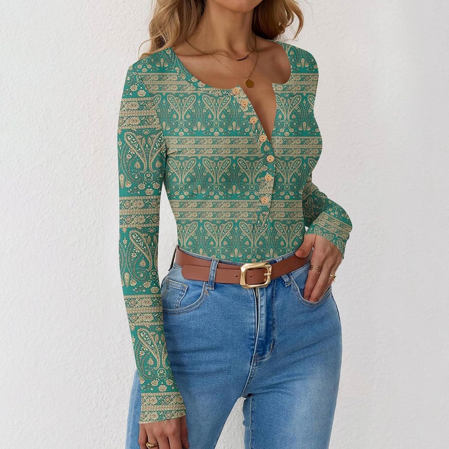 Kenvina Womens Long Sleeve Tops Print Basic Tees Fall Casual Blouse Slim Fit Henley T Shirts Button Trendy Outfits Clothes - Image 2