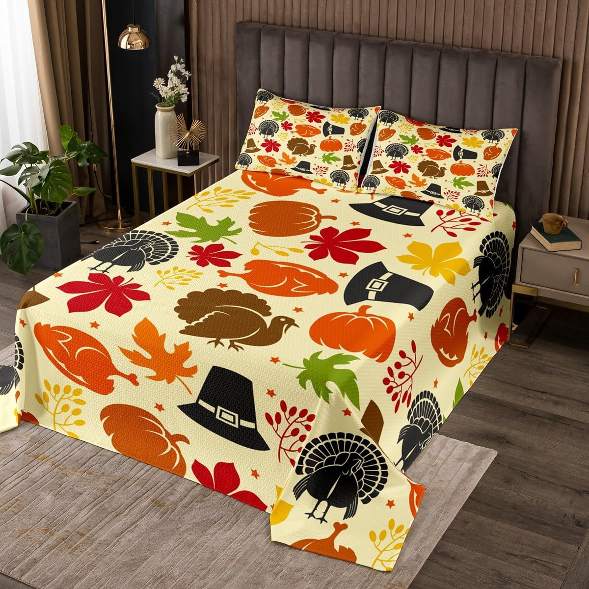 Pumpkin Quilt Set for Girls Boys Kids Red Mushroom Twin Size Coverlet Thanksgiving Bedroom Decorative Autumn Harvest Bedspreads Fall Maple Leaves Daucus Carota Quilted Bedspread 2Pcs Coverlet Set