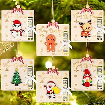 DERAYEE 6PCS Christmas Money Holders for Cash Gift, Fun Wooden Merry Christmas Money Holder Cute Xmas Tree Gifts Hanging Ornaments for Xmas Winter Holiday Party Favors