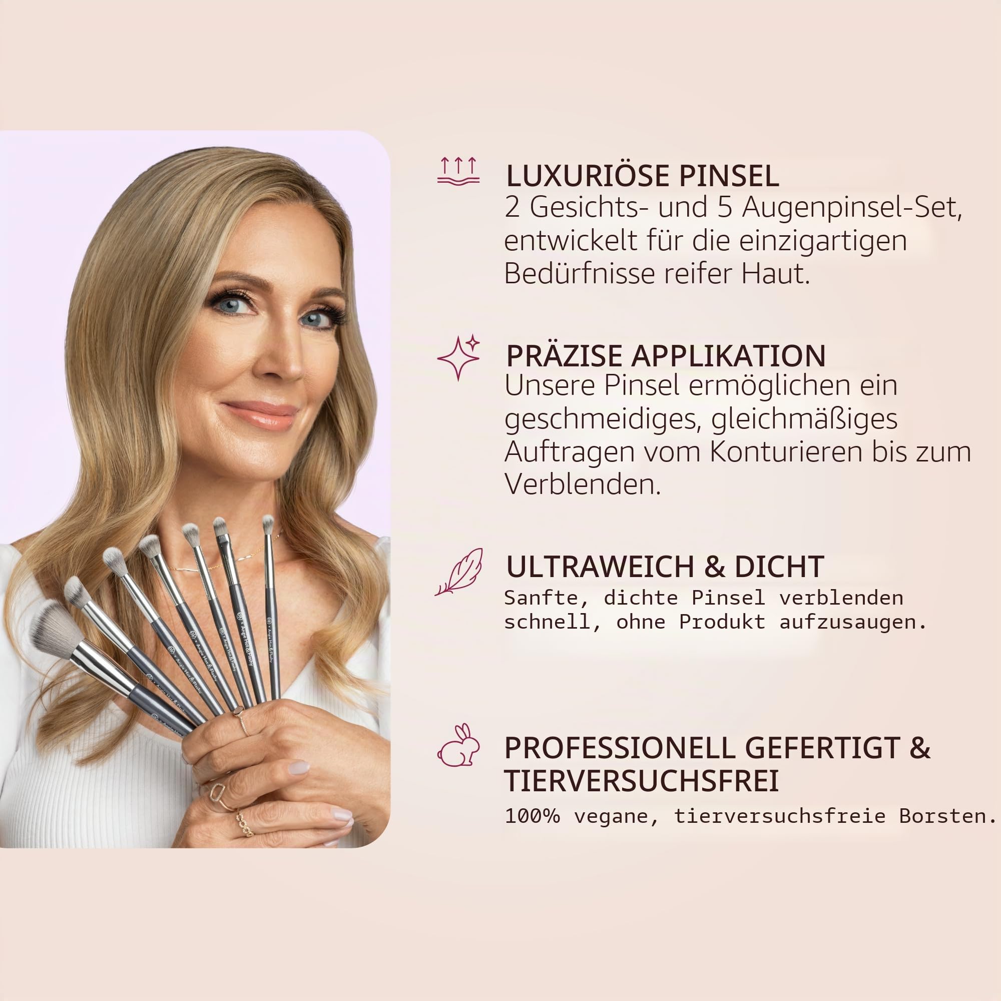 BK BEAUTY Pinsel-Set von Angie, Hot & Flashy, Foundation-Pinsel, für flüssige oder cremige Grundierungen, Concealer, Bronzer, Rouge und Highlighter, 7-teilig