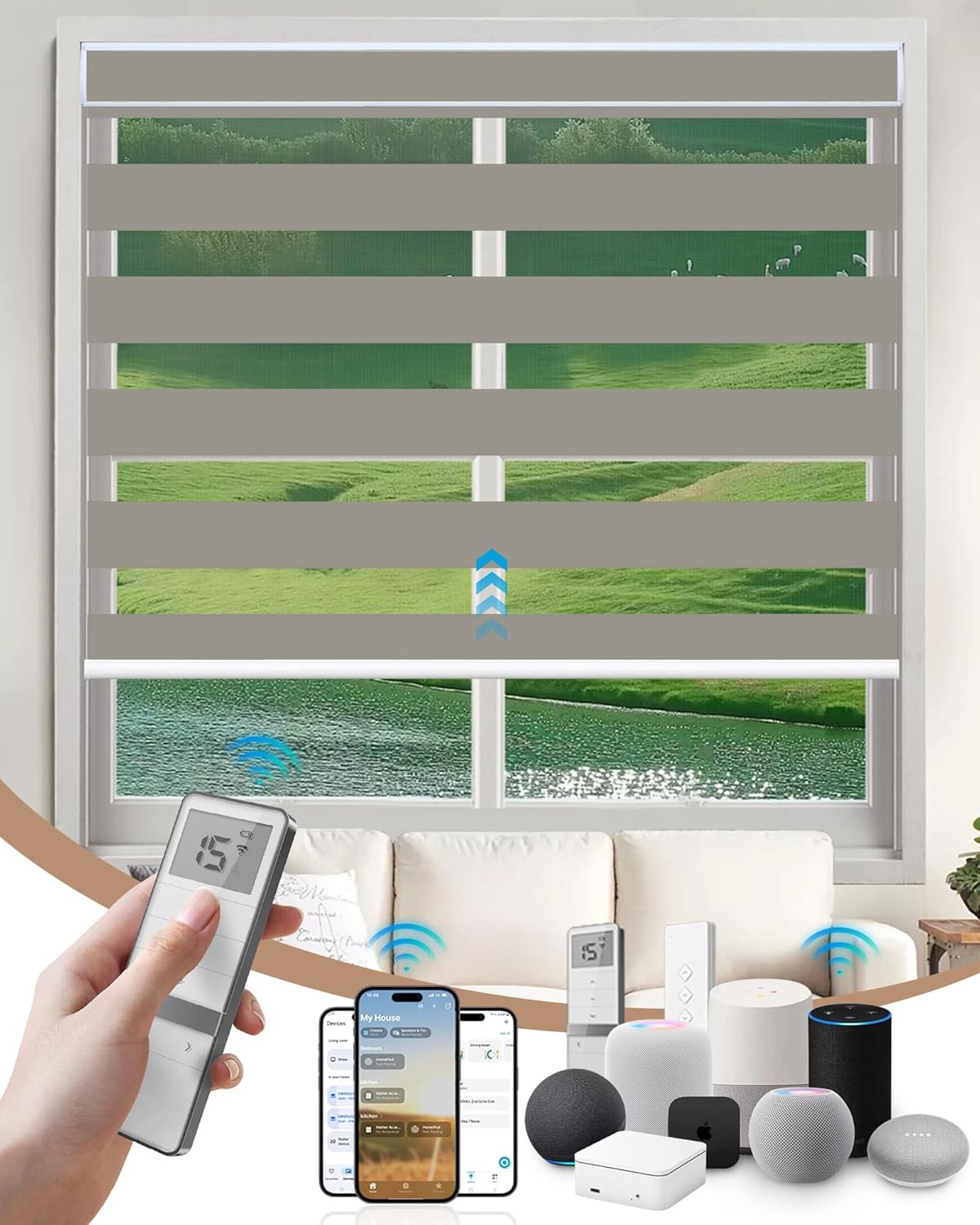 Kincmo Motorized Blinds with Remote, Motorized Zebra Shades Work with Apple Homekit,Alexa,Google Home, Customized Electric Blinds with Remote,App,Voice Control (60% Blackout Monet Beige)