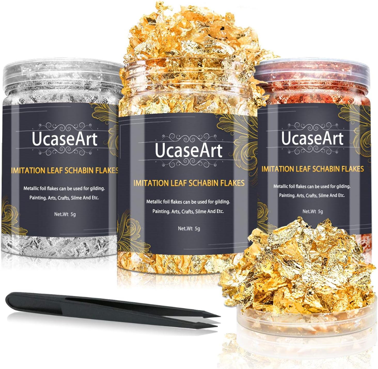 Gold Foil Flakes for Resin - UcaseArt Gold Flakes 3 Bottles Gold Leaf 15 Grams Gold Foil for Nail Art, DIY, Resin Jewelry Making, Painting Arts and Crafts, Furniture Decoration (3-5G)