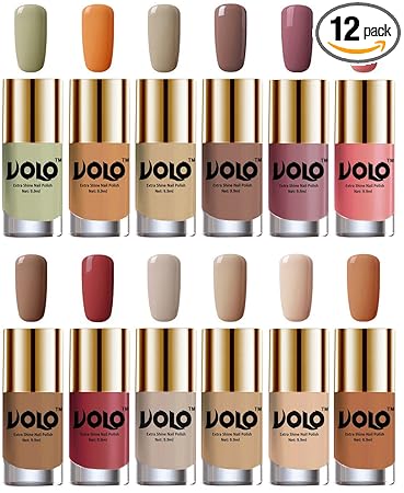 Volo Luxury Super Shine Nail Polish Set of 12 Vibrant Shades (Mischievous Mint, Flirty Nude, Nude, Dark Nude, Nudes Spring, Candy Cotton, Dark Nude, Tan, Nude Tude)