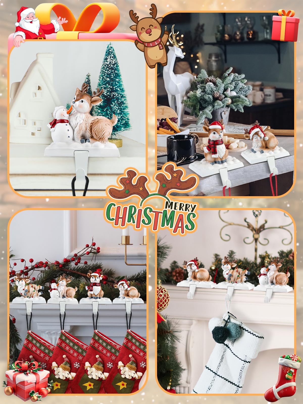 Kalolary Perchas para Calcetines Navideños para Chimenea, 4 Piezas Colgadores de Calcetines de Alce de Navidad Soportes para Medias Navideñas Chimenea Antideslizante para Decoración Navideña Hogar
