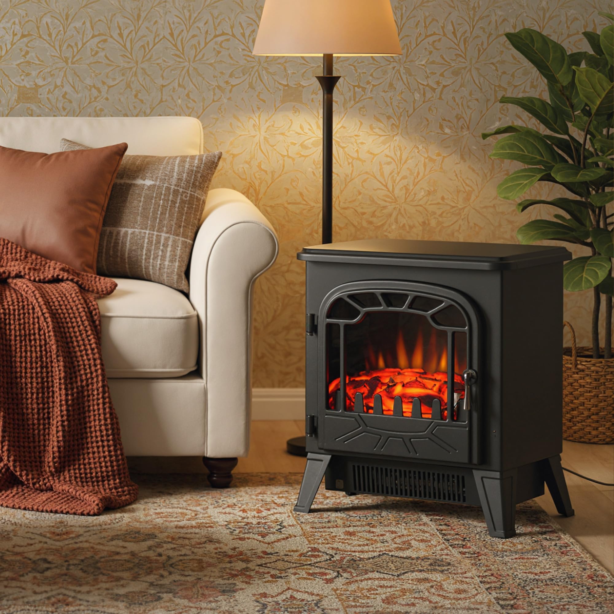 HOMCOM Cheminée électrique radiateur Imitation Flamme avec luminosité et réglable 925 W / 1850 W Porte métal Verre trempé Noir