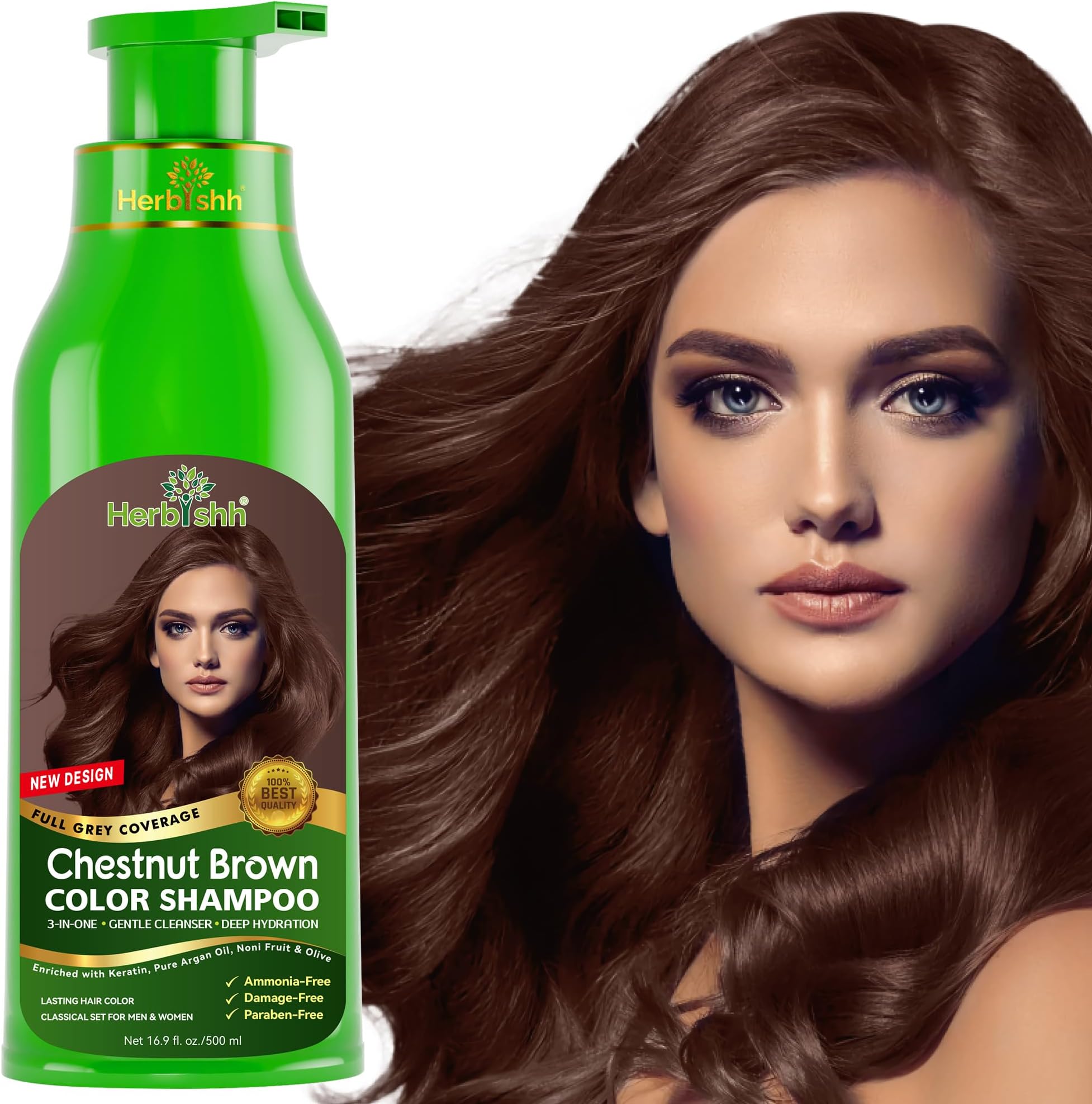 Herbishh Hair Colour Shampoo for Grey Hair, Chestnut Brown, 500 ml, Ammonia-Free 3-in-1 Hair Dye Shampoo, Colours Hair in Minutes, Long-Lasting Colour