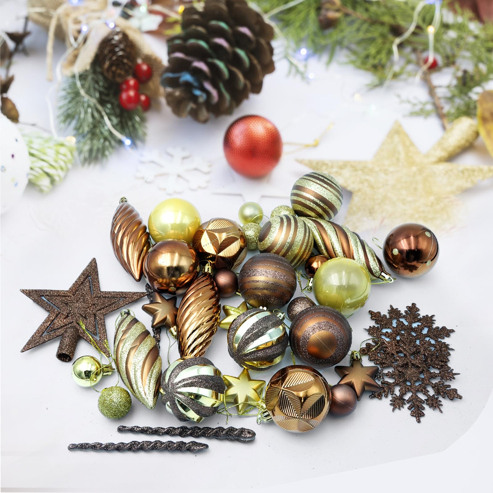 Juego de 50 adornos para árbol de Navidad, bolas de Navidad inastillables con estrella para decoración de árbol con paquete de regalo reutilizable de mano, bola colgante para decoración del hogar