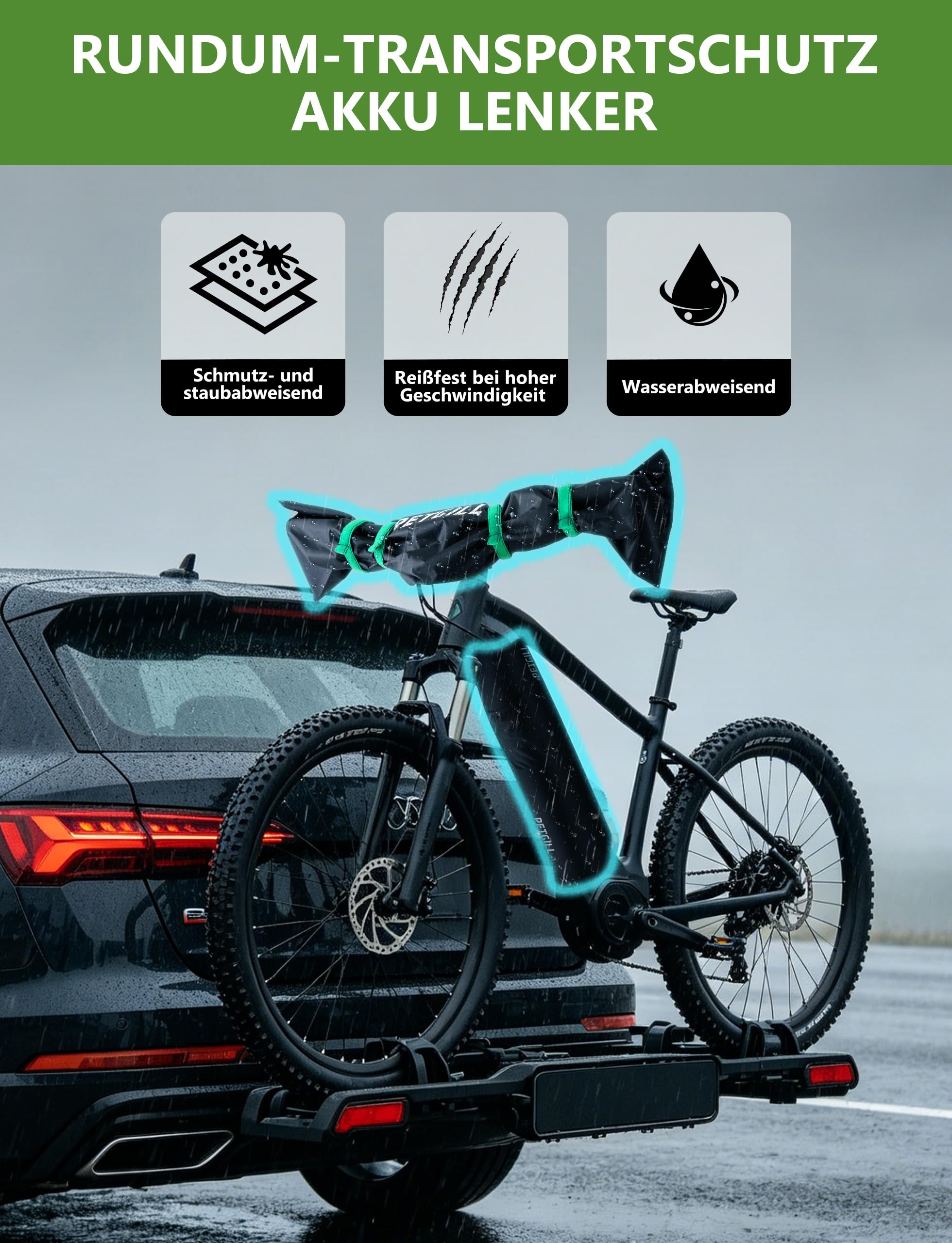 E-Bike Transportschutz Set 4-teilig – Akku & Lenker Schutzhülle. Wasserdichter Regenschutz beim Fahrradträger Transport. Zubehör kompatibel mit Bosch, Cube, MTB