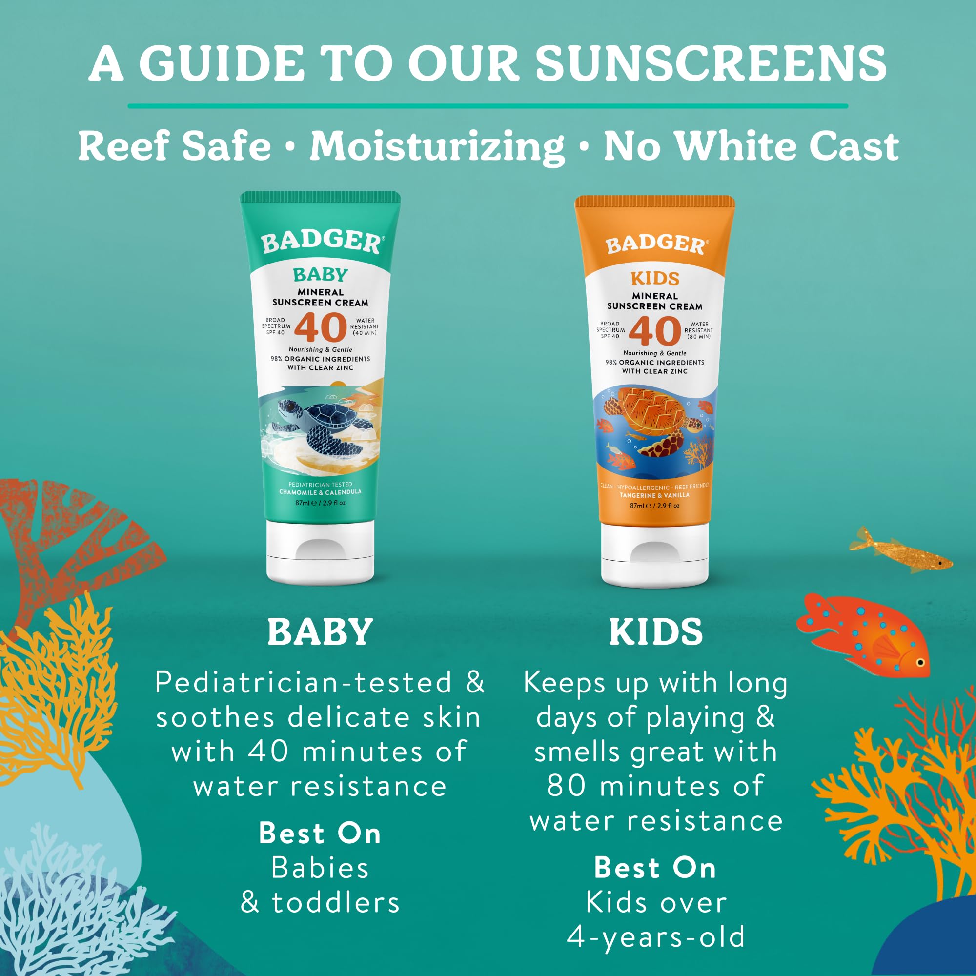 Badger Crème solaire minérale naturelle SPF 40 Baby Reef Safe avec oxyde de zinc transparent, large spectre et résistant à l'eau, camomille, 2,9 ml