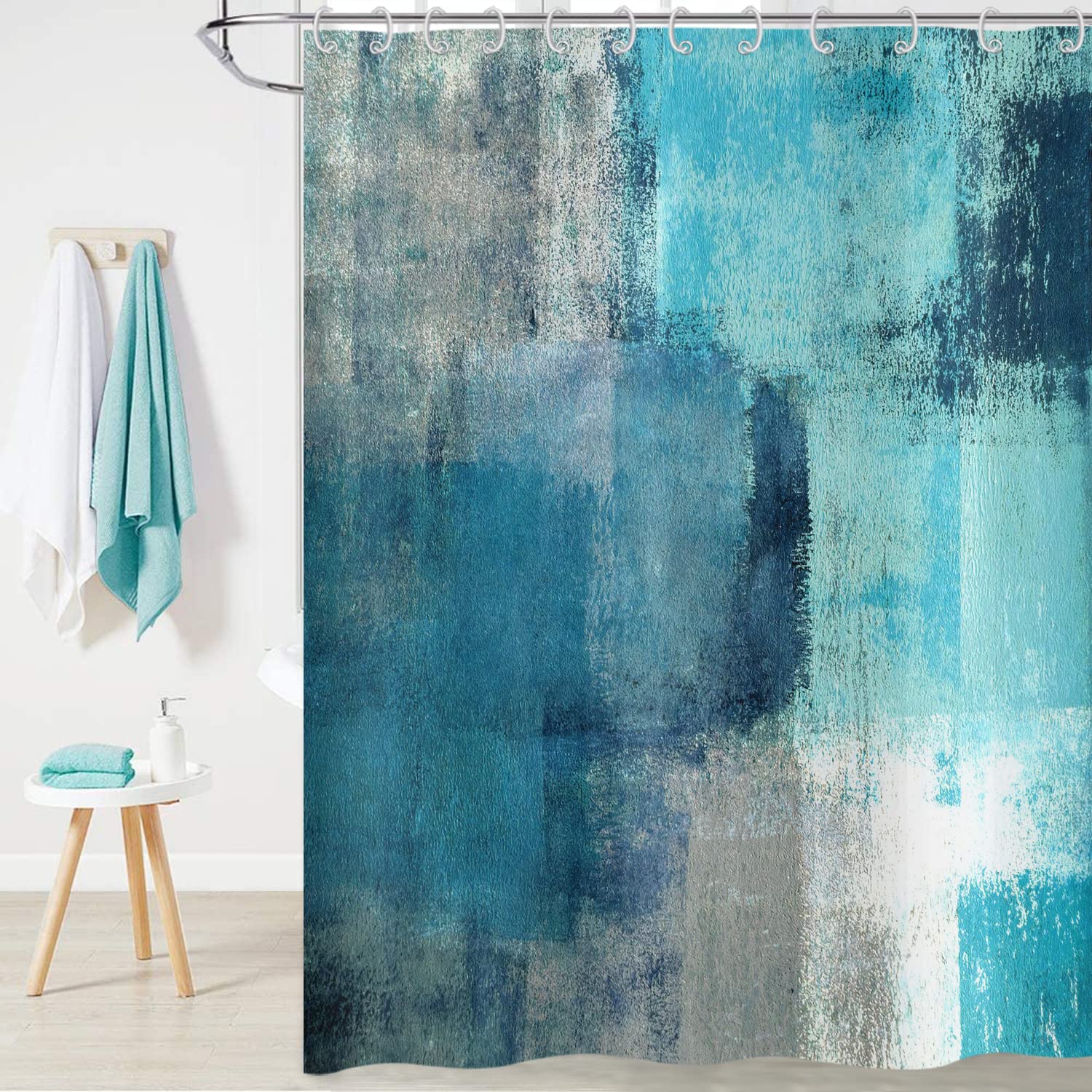 Hnmdmyi Teal Shower Curtain 90x180, Abstract Turquoise Modern Contemporary Artwork Bathroom Curtains with Hooks Waterproof Polyester Fabric Washable Bath Curtains for Wet Room