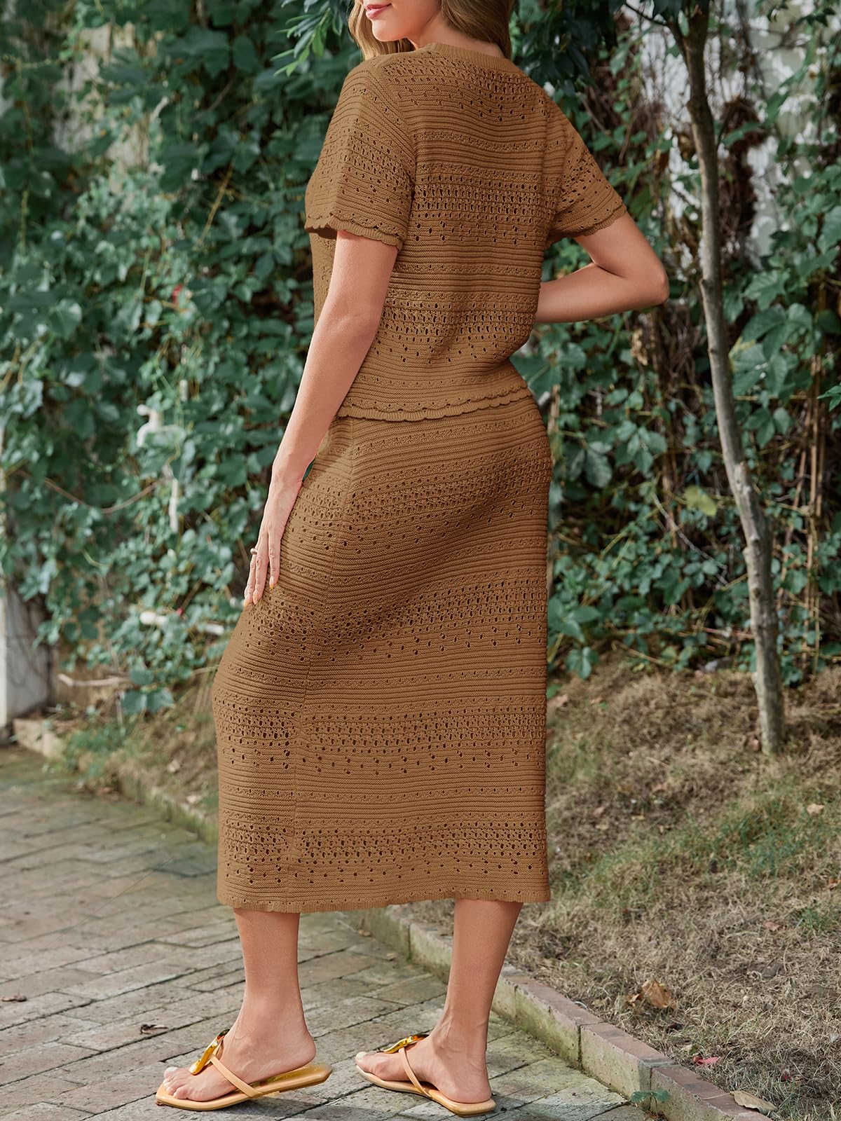 Tankaneo Set di 2 gonne da donna all'uncinetto, a maniche corte, top in maglia, gonna midi per vacanze e viaggi