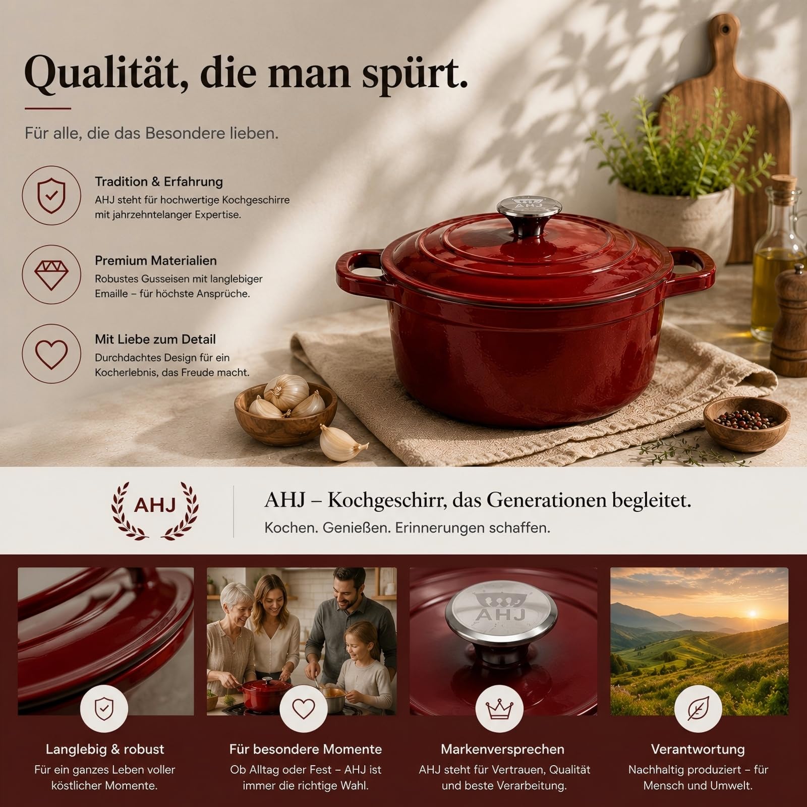 AHJ Topfset Gusseisen Emailliert, 4-teiliges stapelbares Schmortopf Set mit 4,5L Brotbacktopf/Dutch Oven, 2,5L Bräter, 1,2L Grillpfanne und Deckel, antihaftend, backofengeeignet bis 260°C, Rot | Inklusive Brottopf 4,5 L, Bräter 2,5 L, Grillpfanne 1,2 L un