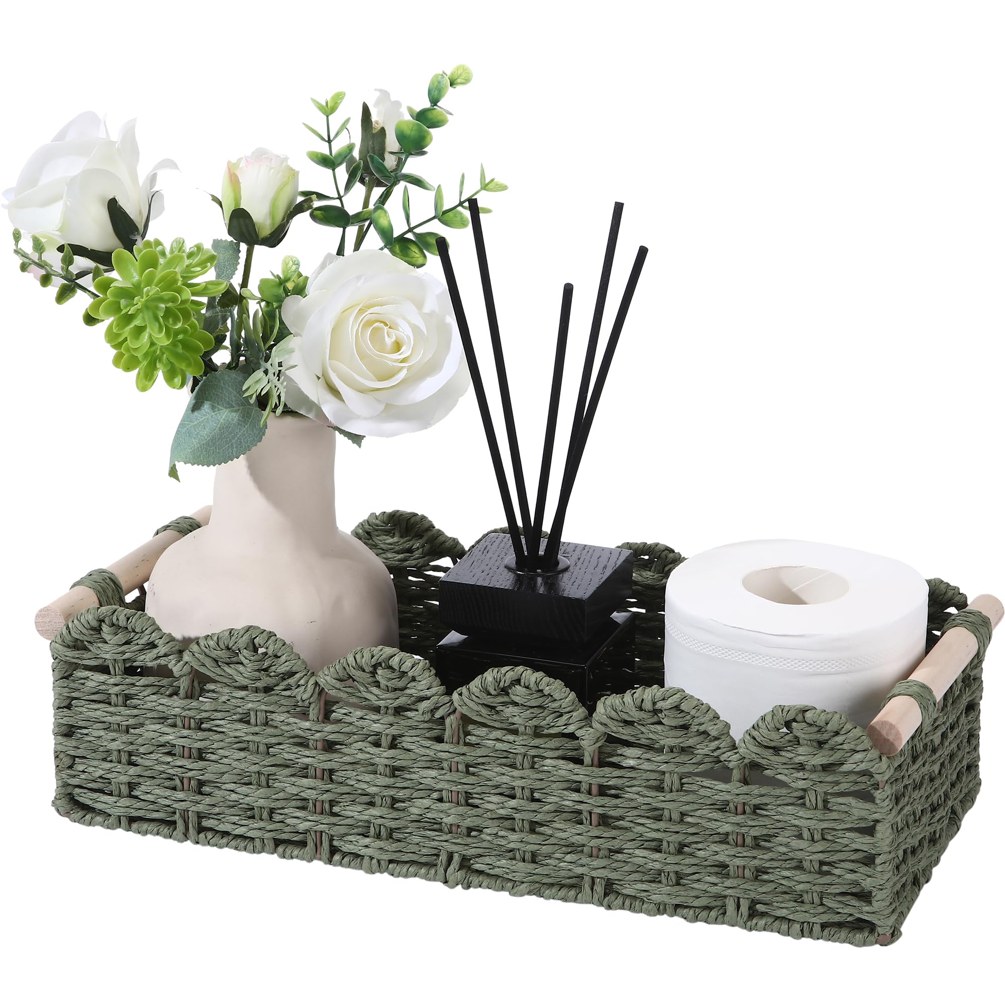 Sea Team Paper Rope Storage Basket, Scalloped Edge Toilet Paper Organiser with 2 Wooden Handles, Small Decorative Woven Basket for Bathroom, Living Room, Bedroom & Shelves, Green — image 1