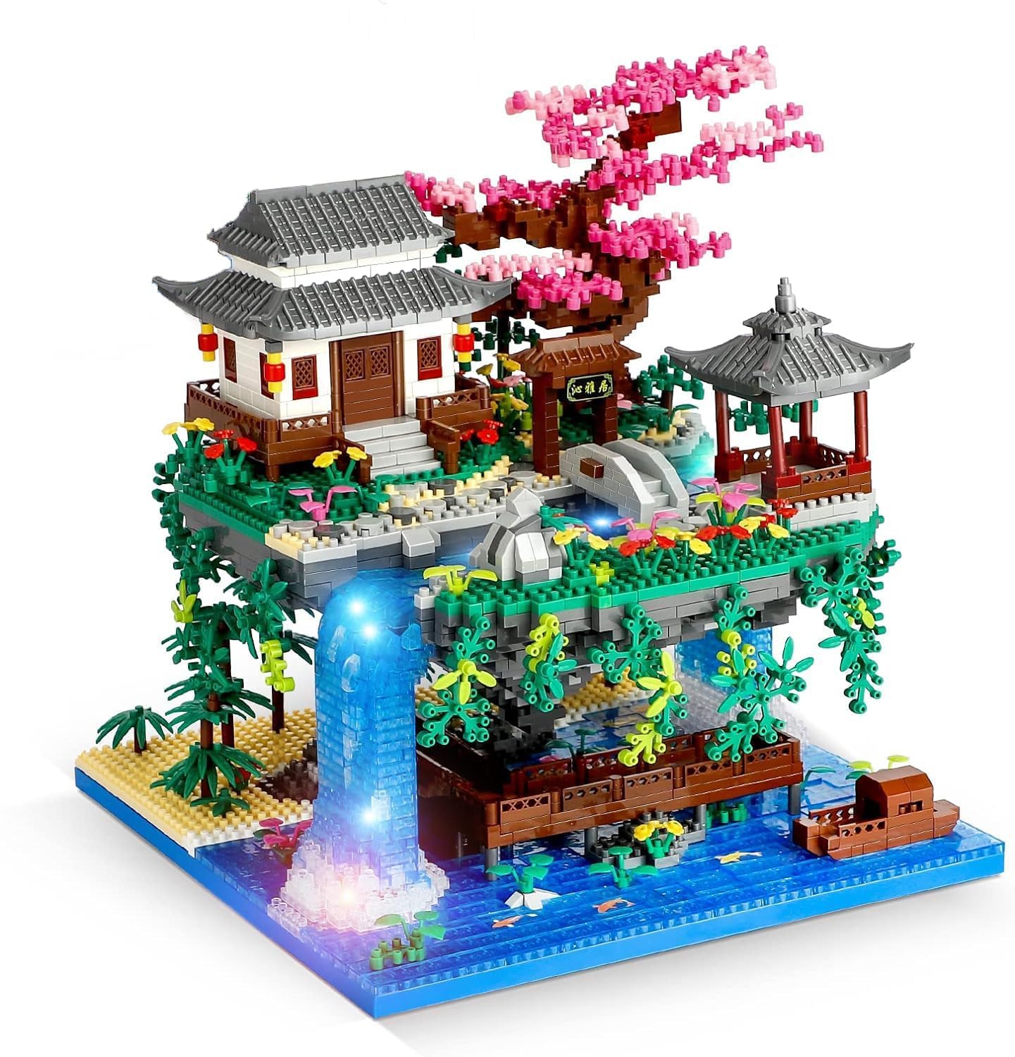 Baumhaus Bauklötze Kit Pfirsichblüten Teich Japan Blumen Haus Mini Bausteine，Klemmbausteine Pflanzen Architecture Japan Ideas Deko Geschenk für Erwachsene, 14 Jahre+ 3320PCS