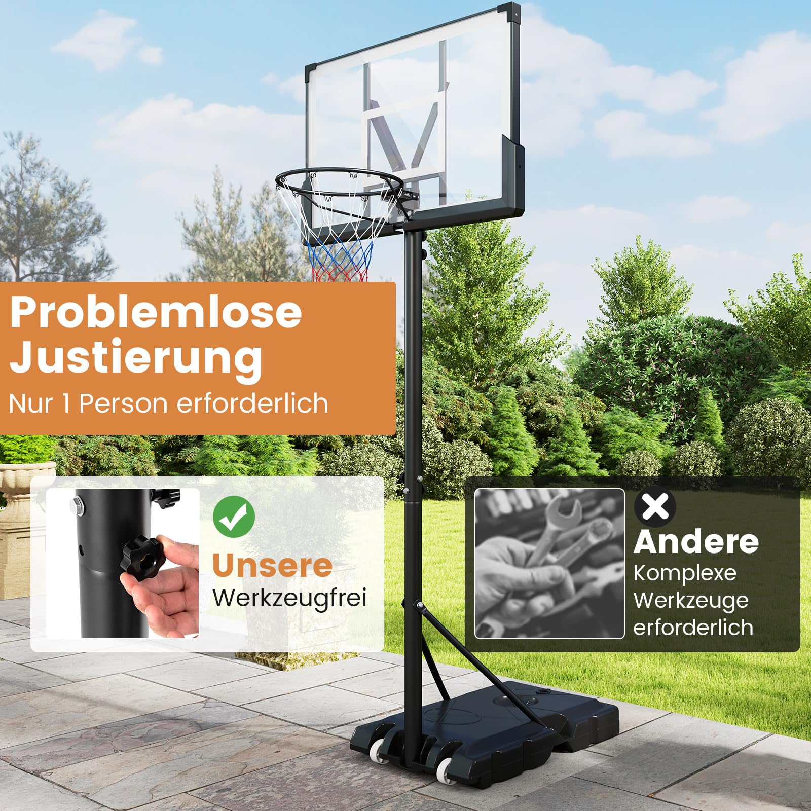 GOPLUS Basketballkorb outdoor, Korbhöhe 160-305cm verstellbar, Basketball Korb mit PC-Rückwand & Gewichtsbeutel, Basketballständer tragbar mit Rollen, Basketball hoop für Kinder Jugendliche Erwachsene