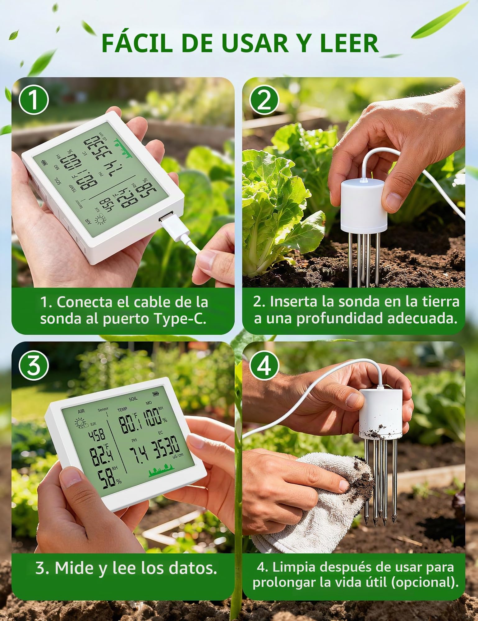 EXTSUD 7 en 1 Medidor de Suelo, Higrómetro de Suelo/Temperatura de Suelo/Luz Solar/Medidor de Fertilidad/pH/Humedad Ambiental/Temperatura Ambiental, Medidor Humedad Plantas para Flores Granja Jardín