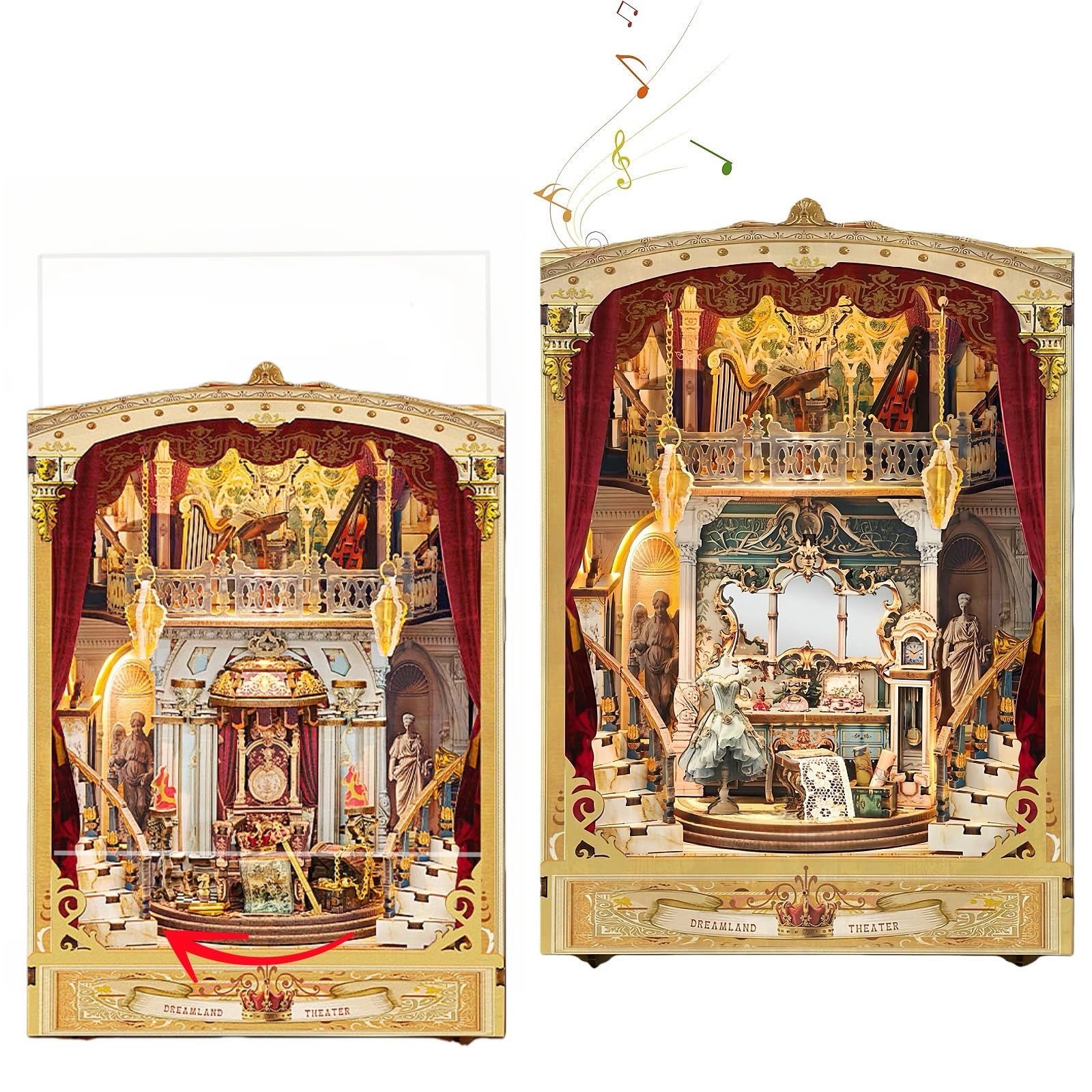 Dreamland Theatre Book Nook - Kit fai da te - Diorama classico in miniatura con palcoscenico rotante e funzione musicale, modellino artistico fatto a mano per adulti