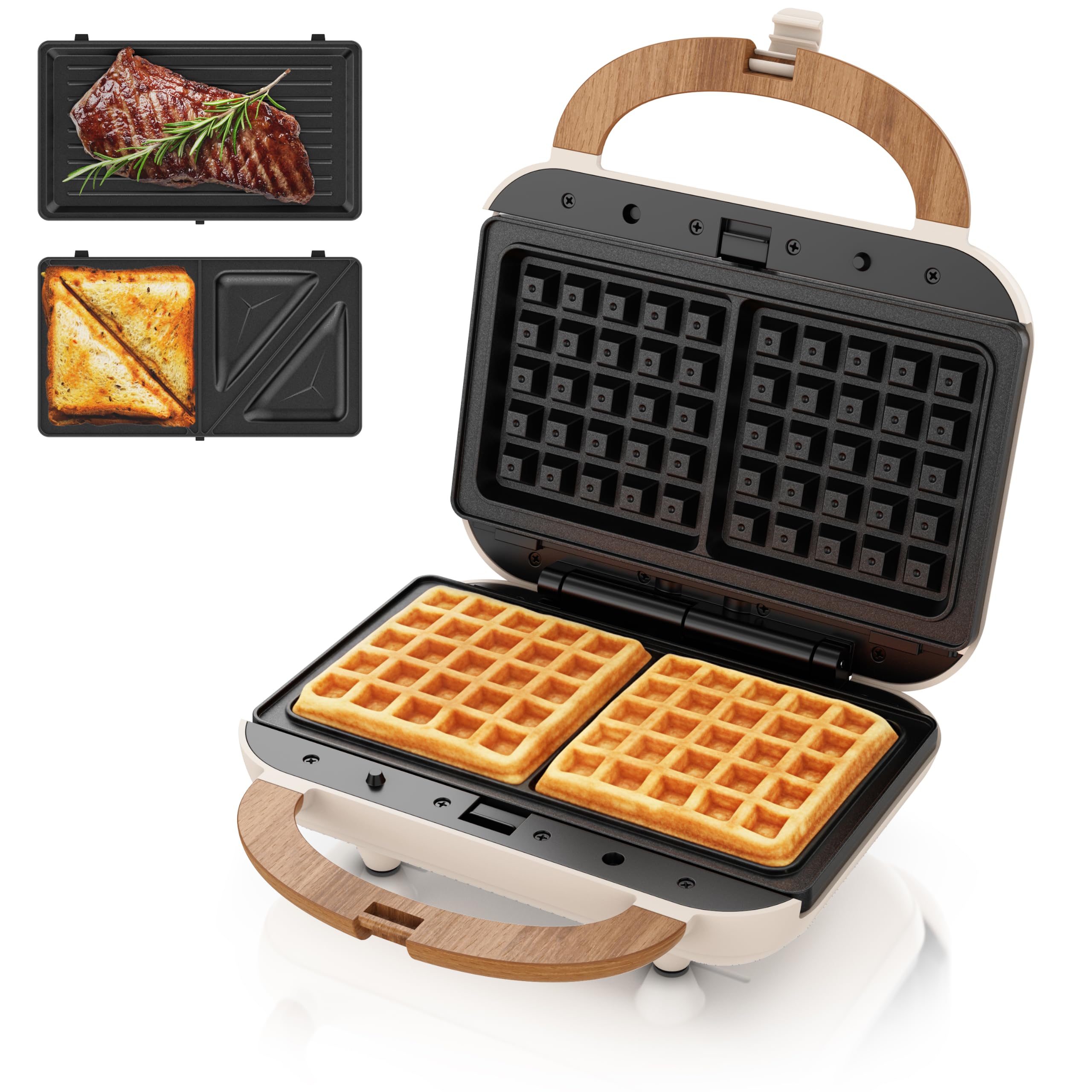 Arendo - Gofrownica waflowa podwójna – 3 w 1, grill kontaktowy ze zdejmowanymi płytami – 2 strefy – z powłoką zapobiegającą przywieraniu – nie zawiera BPA – kontrola temperatury – opiekacz do kanapek
