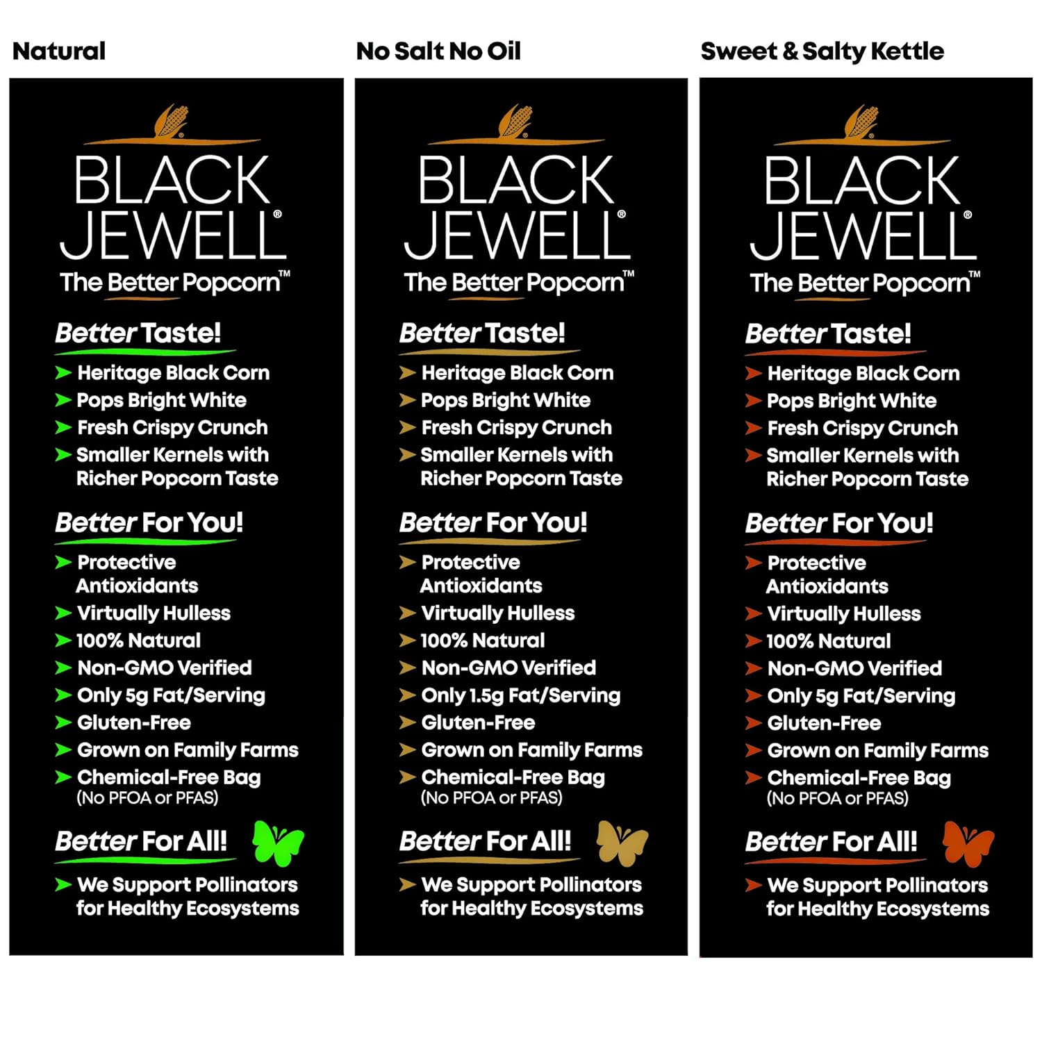 Black Jewell Gourmet Microwave Popcorn - Natural, Touch of Butter, No Salt/No Oil, Sweet & Salty, Simply Sea Salt – Non-GMO, Whole Grain, Gluten Free, Gourmet, Vegan, Kosher, 10.5 oz (Pack of 6)