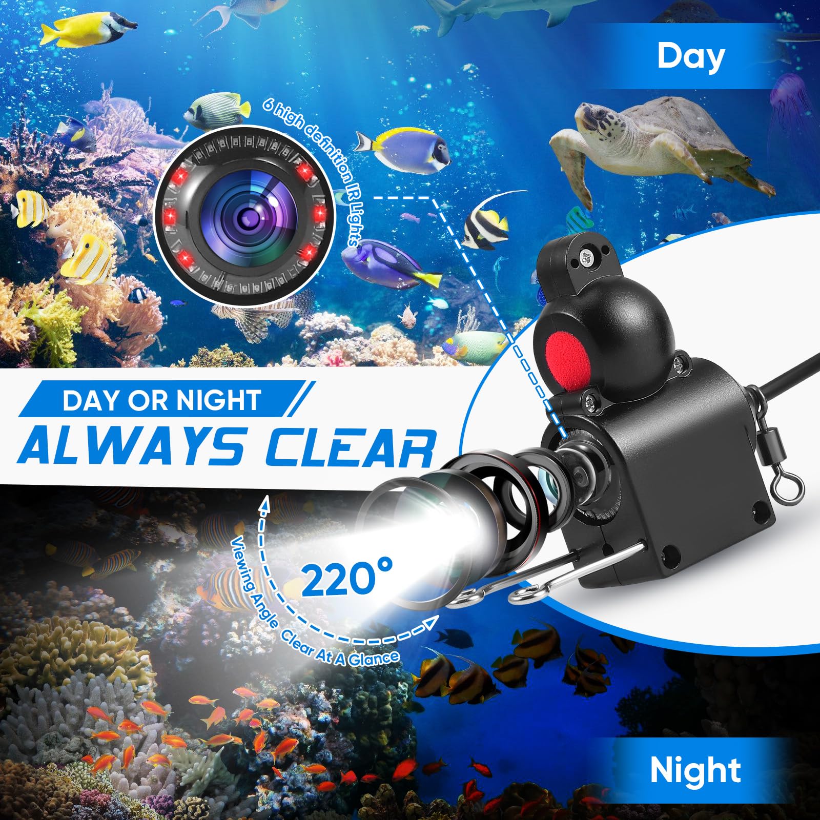 Sonda de Pesca Portátil, Cámara Subacuática de Pesca con Pantalla IPS 4,3" y Cable 30m, Visión Nocturna Infrarroja Gran Angular, IP67 Impermeable, para Pesca en Mar, Lago, Río y Hielo