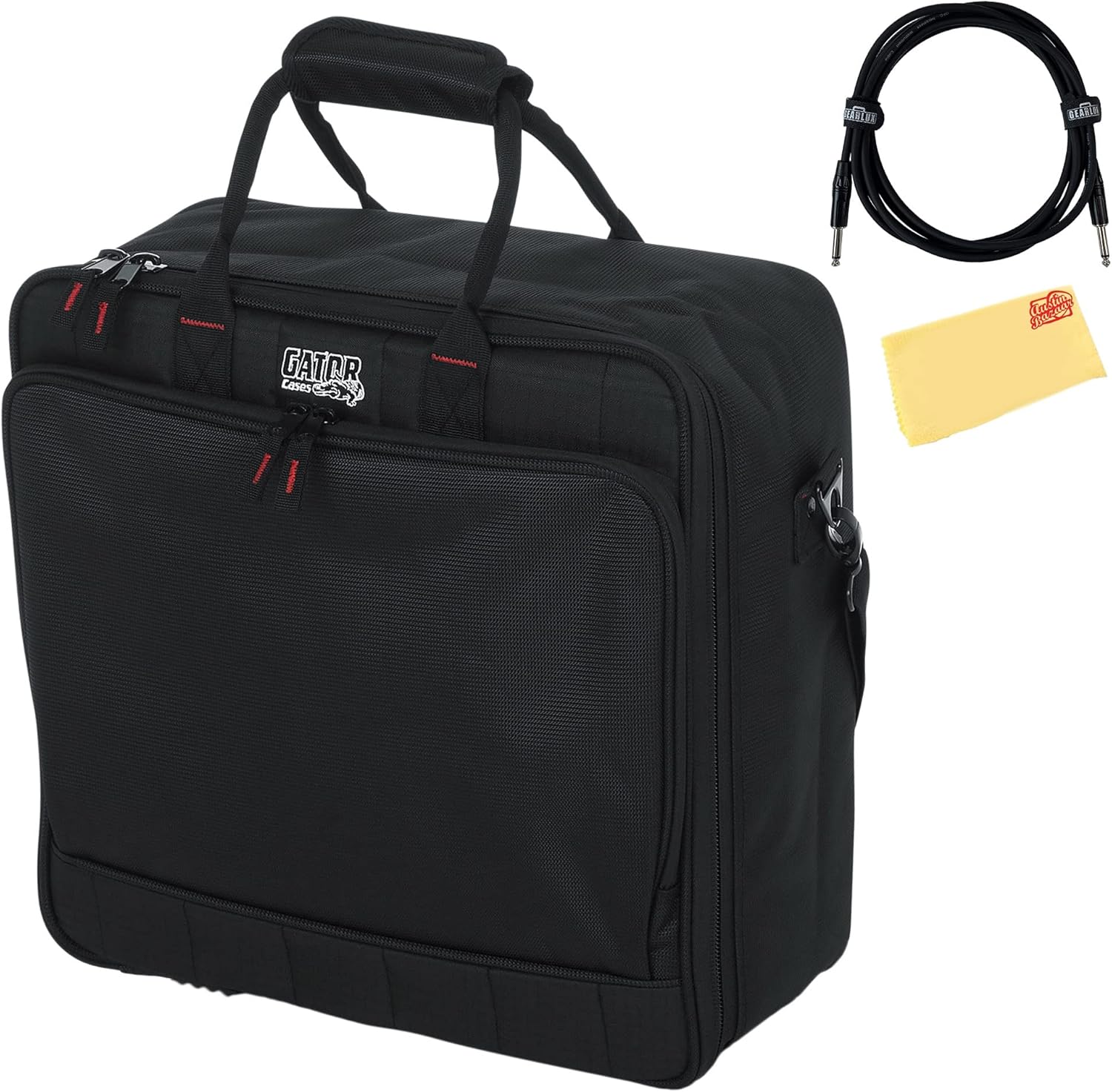 Gator Cases G-MIXERBAG-1515 Padded Nylon Mixer/Gear Carry Bag with Removable Strap, 15 IN X 15 IN X 5.5 IN - Bundle with 10ft Instrument Cable and Austin Bazaar Polishing Cloth