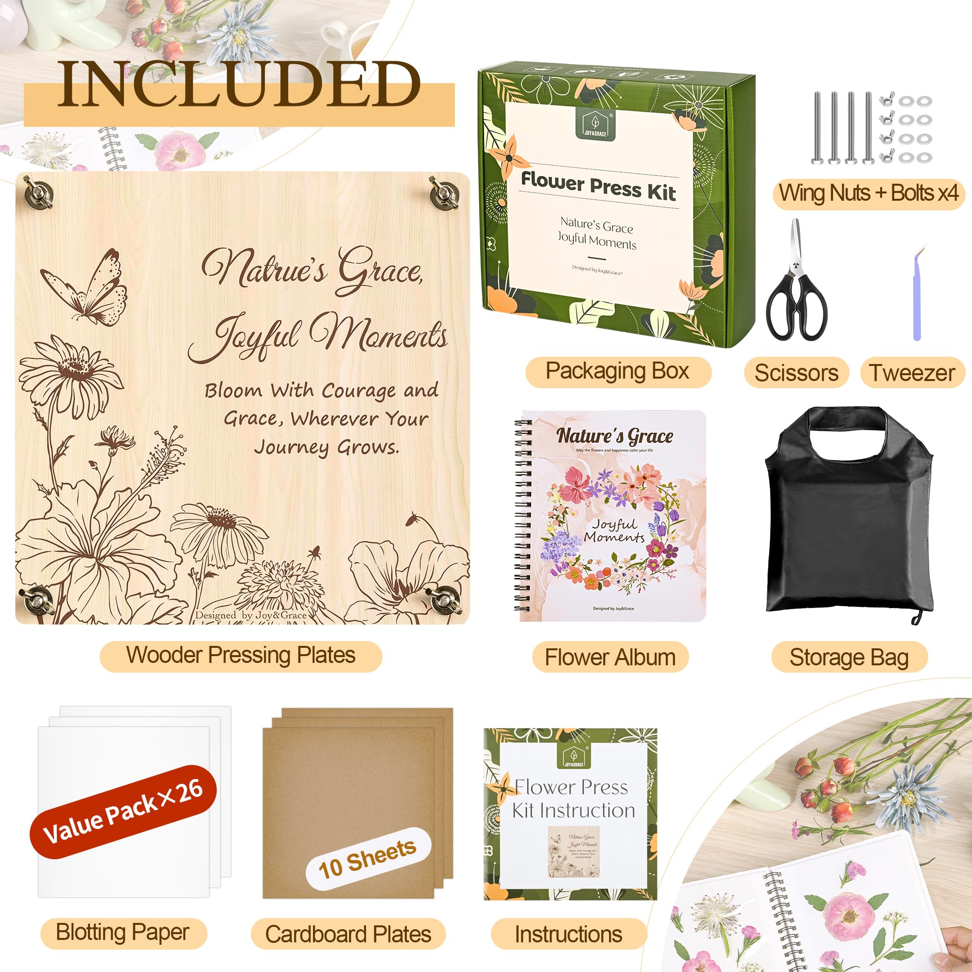 Joy&Grace Großes Blumenpresse Set 27,7 x 27,7 cm für Erwachsene, 10-lagige Pflanzenpresse mit Cover, DIY Blumenpressen Album & Trocken-Toolkit zur Blumenaufbewahrung (Geschenkbox, Naturholz)