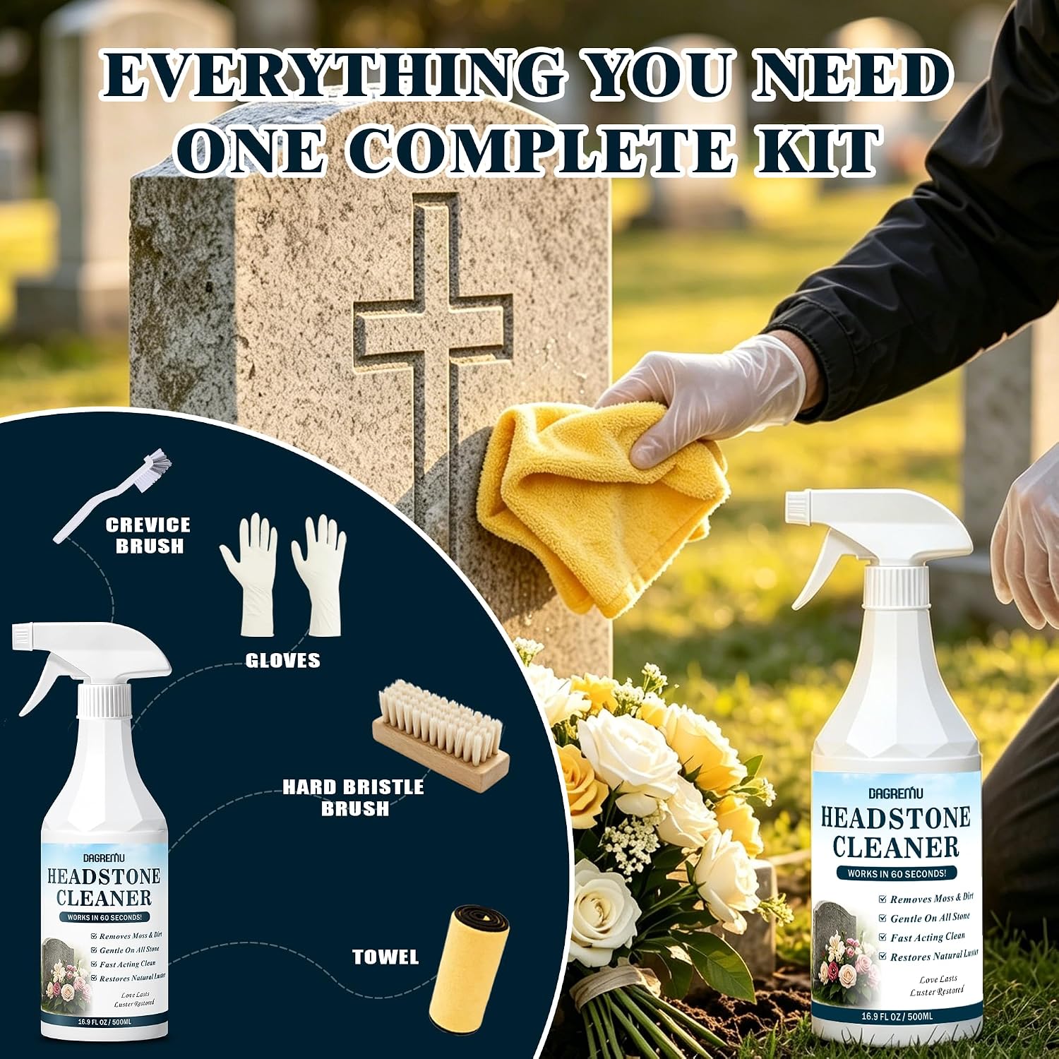Headstone Cleaner for Graves, Effectively Removes Tough Moss & Dirt Stains