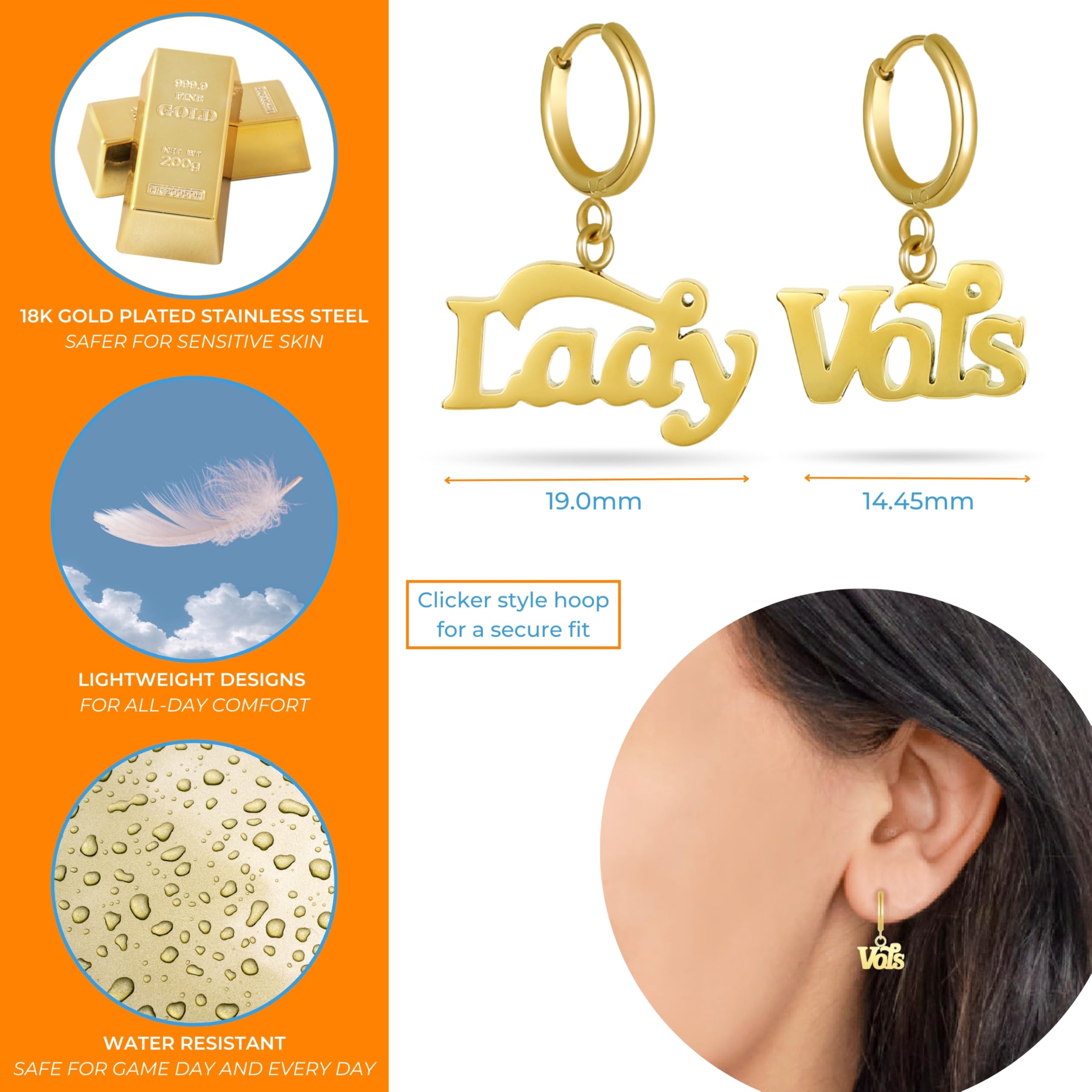 Stone Armory Earrings for University of Tennessee Jewelry Gifts for Women, Graduation – Stainless Steel Skin-Friendly Tennessee Volunteers Earrings 18K Gold Finish UT Lady Vols Hoops