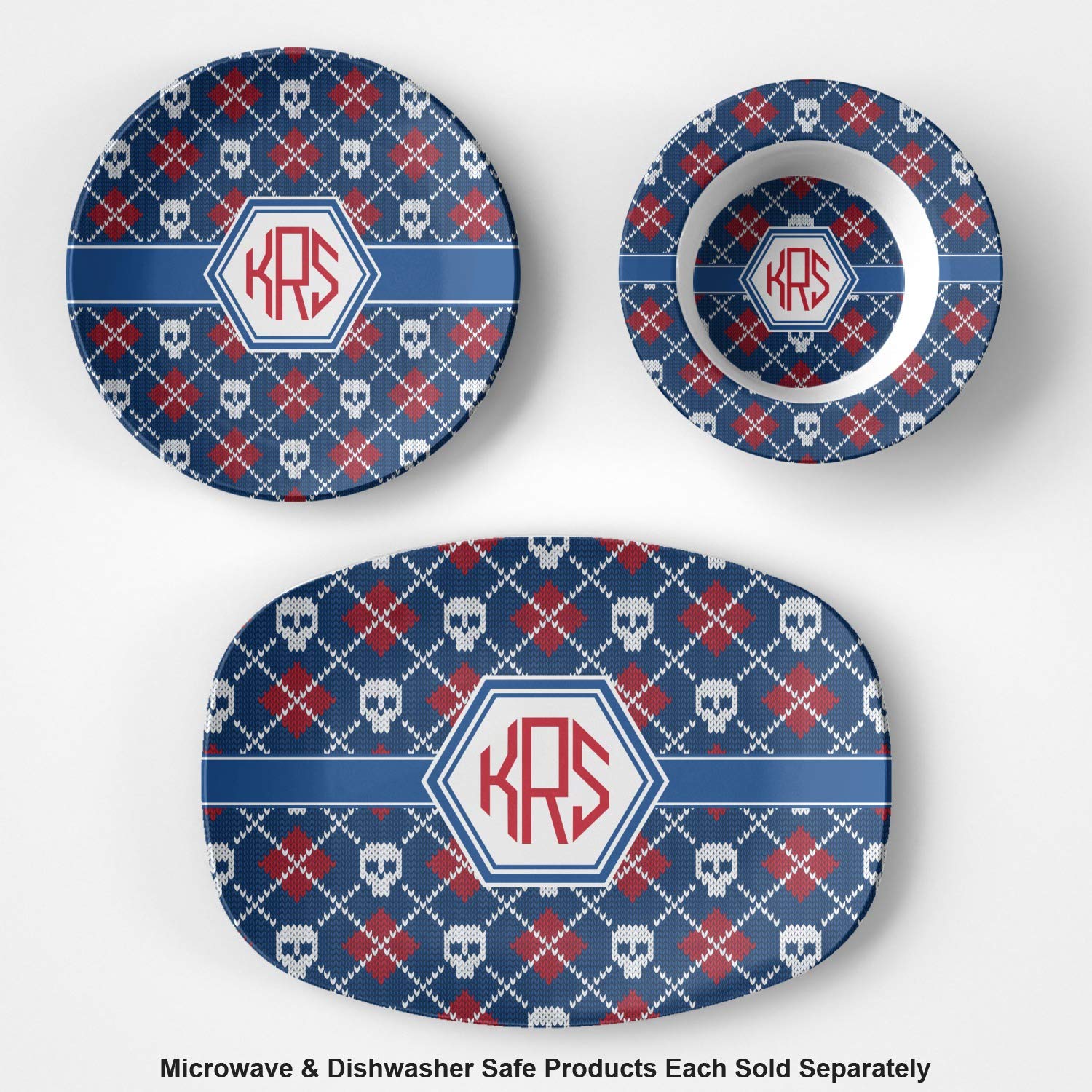 Personalized Knitted Argyle & Skulls Plastic Bowl - Microwave Safe - Composite Polymer