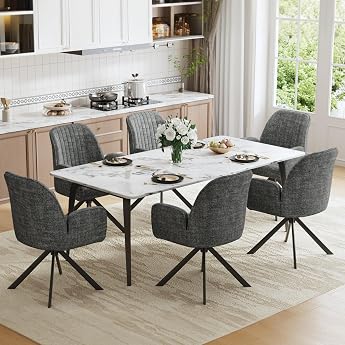 Set of 6 Dining Room Chairs Rotatable with Armrest 360  Swivel Upholstered Chairs Kitchen Chairs Chenille Dining Room Make-Up Chair Swivel Chair with Metal Legs for Dining Room Bedroom