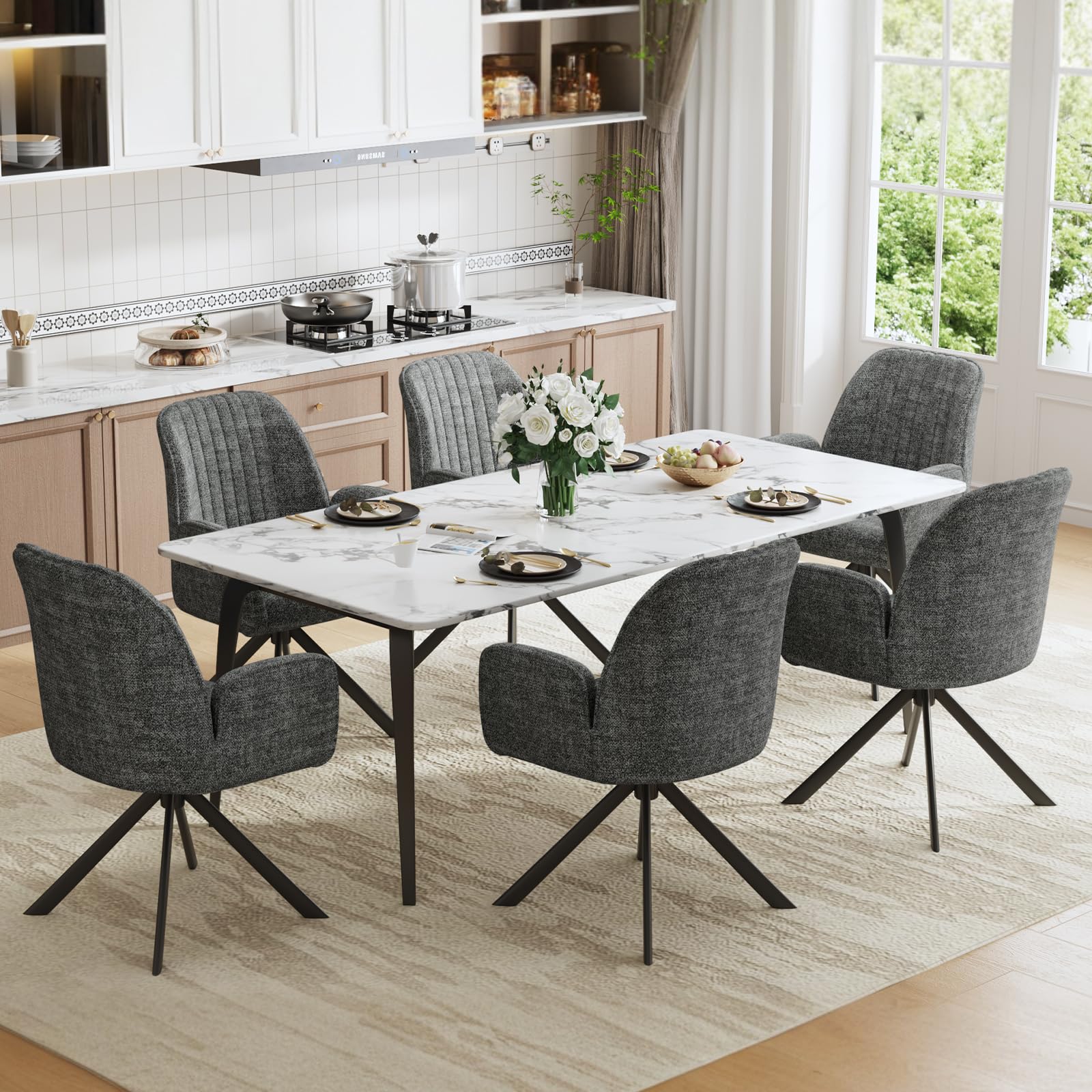 Ckaff 6er Set Esszimmerstühle Drehbar mit Armlehne, 360°Drehbar Polsterstuhl Küchenstuhl aus Chenille, Stühle Esszimmer Schminkstuhl Drehstuhl mit Metallbeine für Esszimmer Schlafzimmer, Dunkelgrau