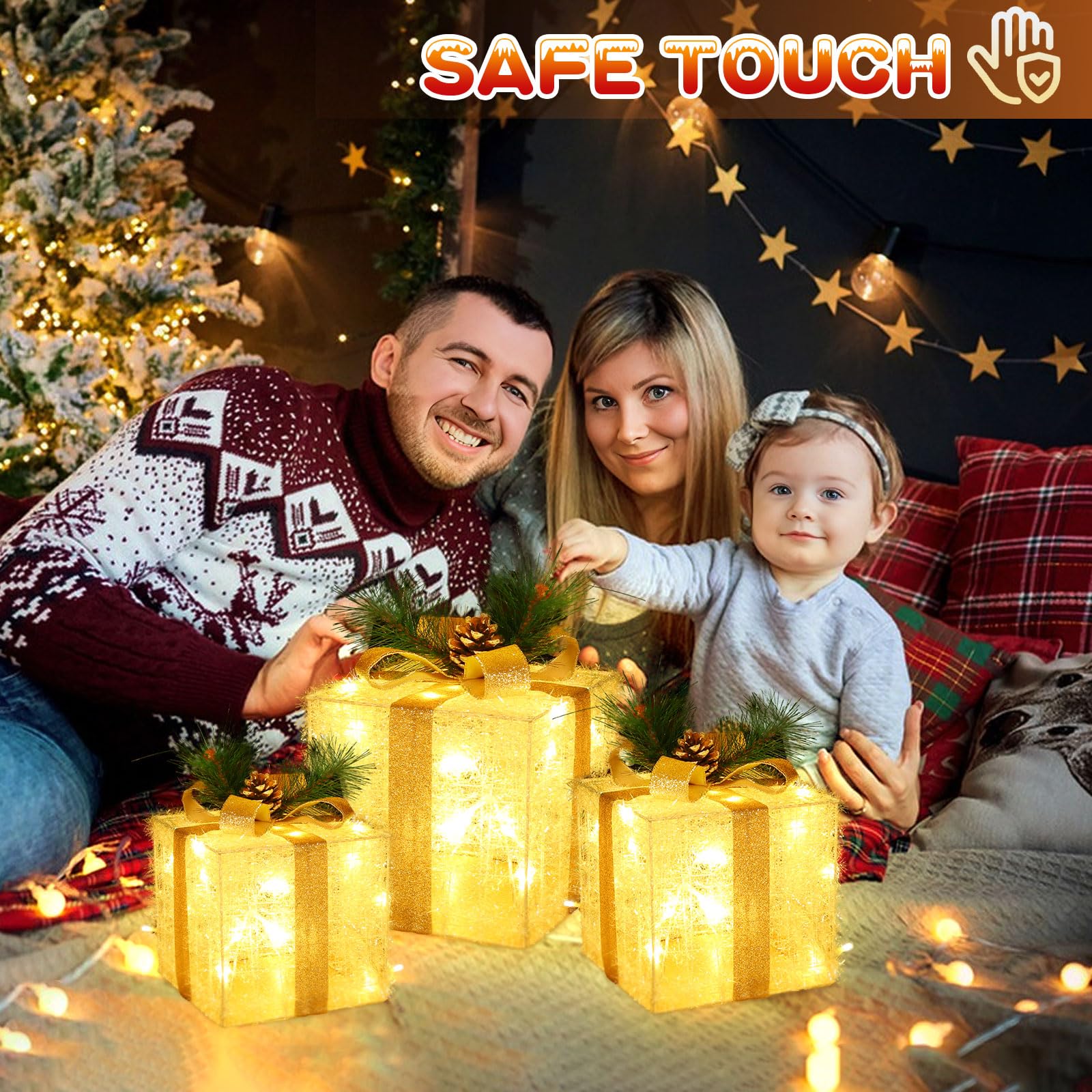 Quntis Juego de 3 Cajas de Regalo Luces de Navidad, Cajas de Luz Decoración | 60LED Cajas de Iluminación Navideña para Árbol de Navidad/Escaparate/Hogar/Fiesta/Boda/Habitación Infantil, Interior/Exterior