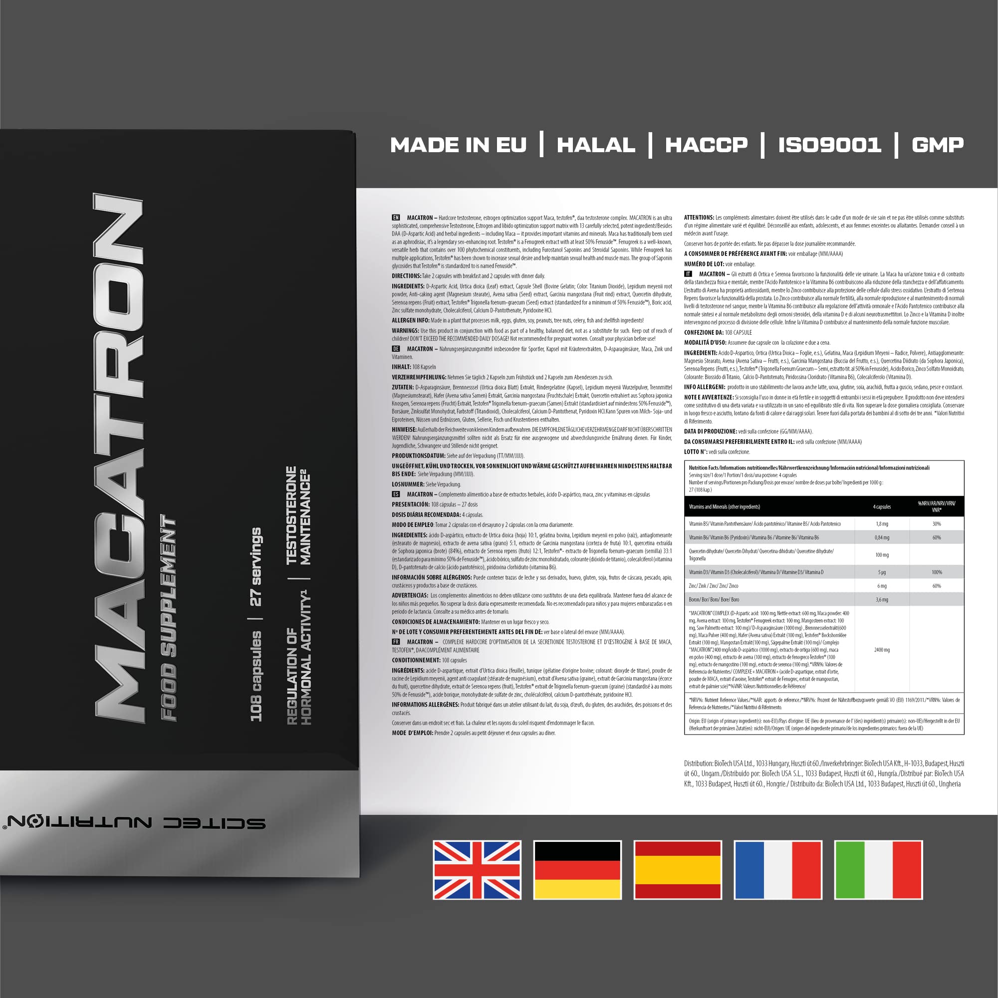 Scitec Nutrition Macatron, testosterona Hardcore, apoyo a la optimización de estrógenos Maca, testofen®, daa testosterone complex, 108 cápsulas
