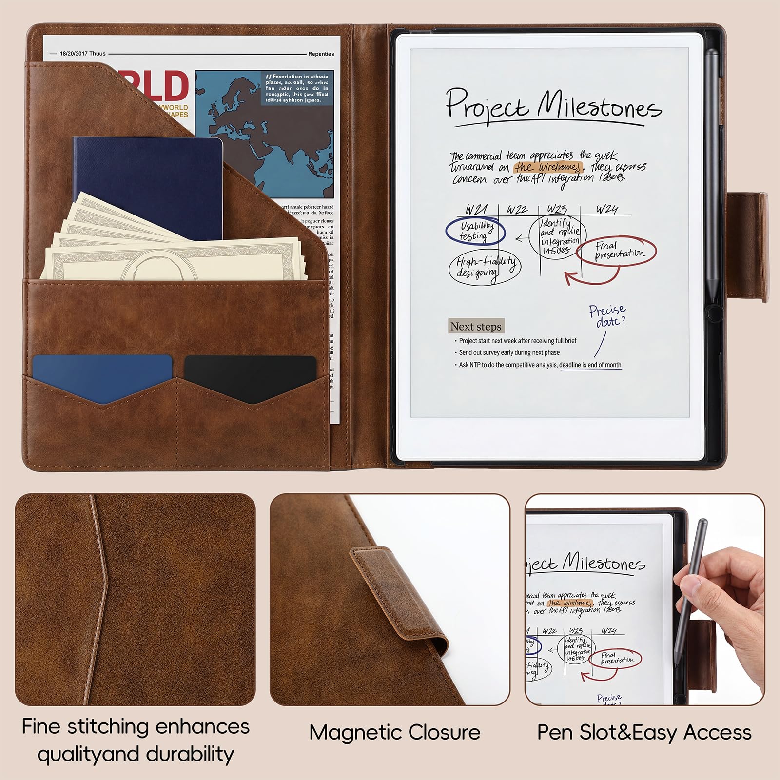 MotiMind Custodia in pelle PU di alta qualità compatibile con Remarkable Paper Pro 30 cm 2024 sottile custodia magnetica con funzione sleep wake custodia protettiva rigida con portapenne, tasca per