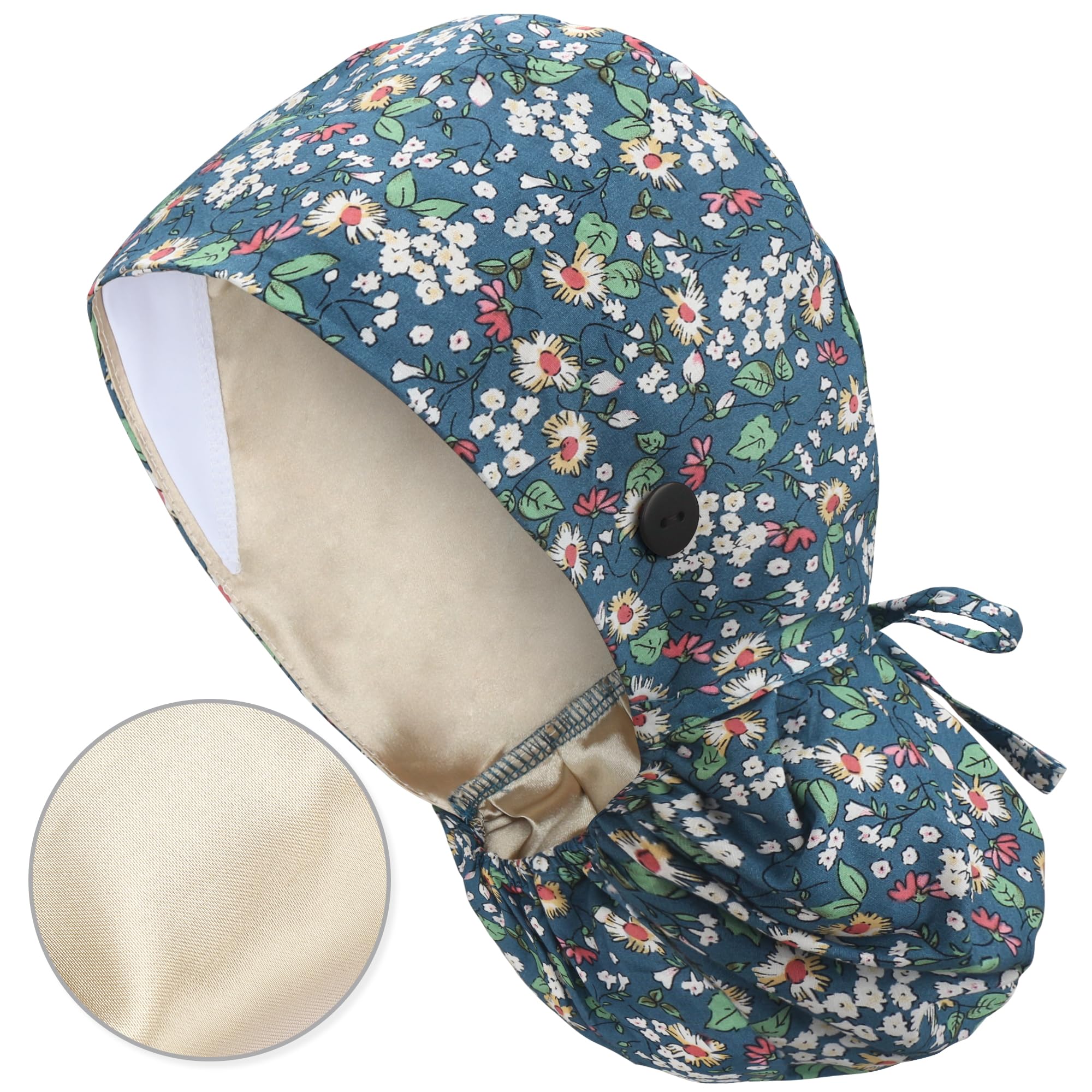 Satin Lined Scrub Cap for Women, Bouffant Nurse Cap with Sweatband and Buttons, Adjustable Surgical Hat for Curly Hair, Braids, Long Hair and Buns, Floret Garden